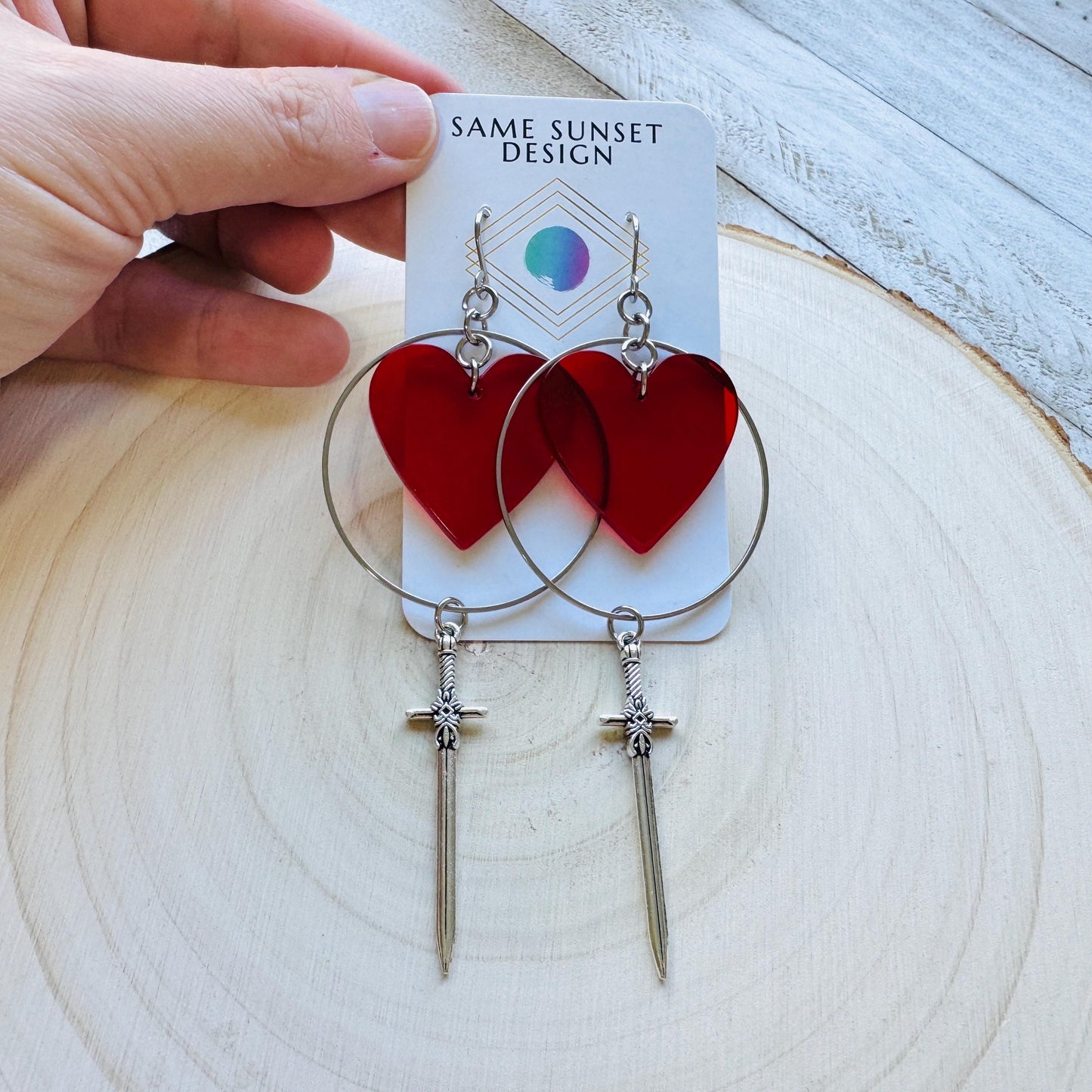 Red Heart Sword Earrings