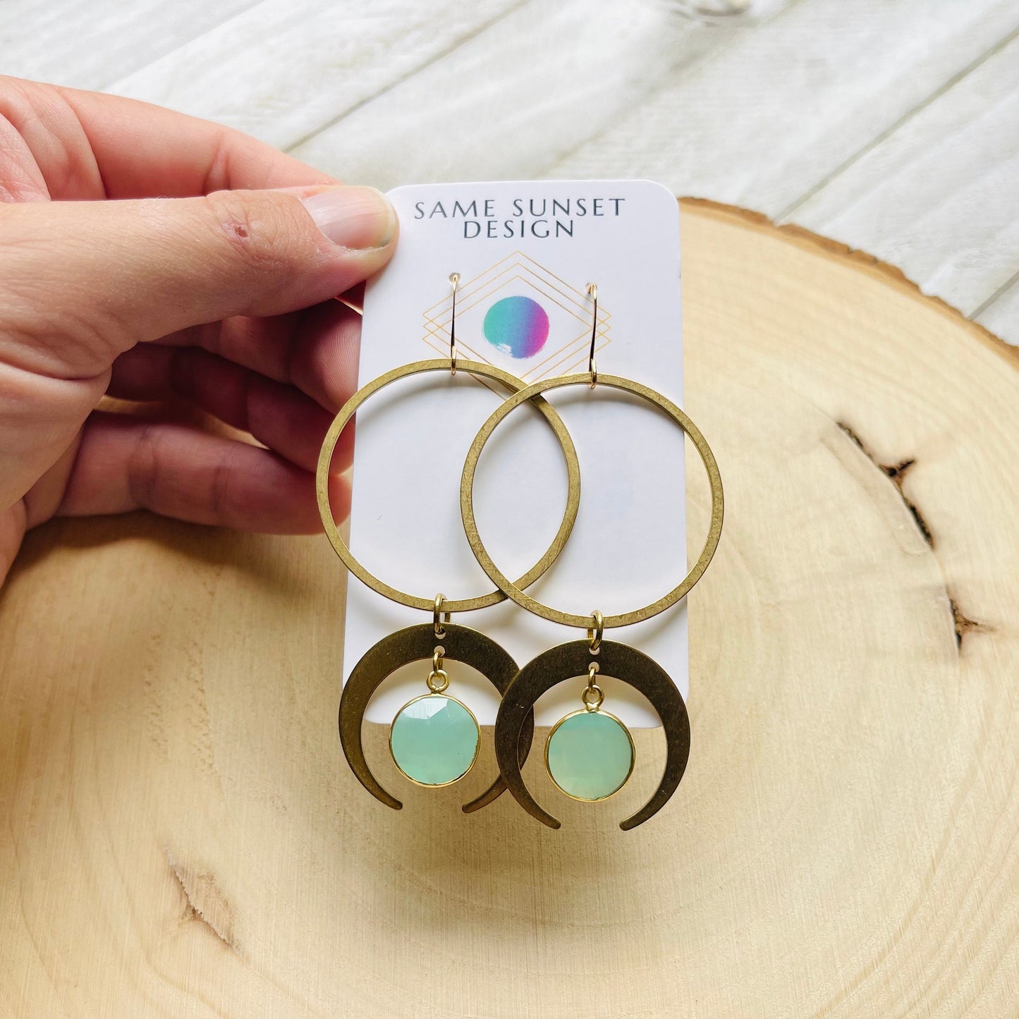 Aqua Chalcedony Moon Hoop Earrings