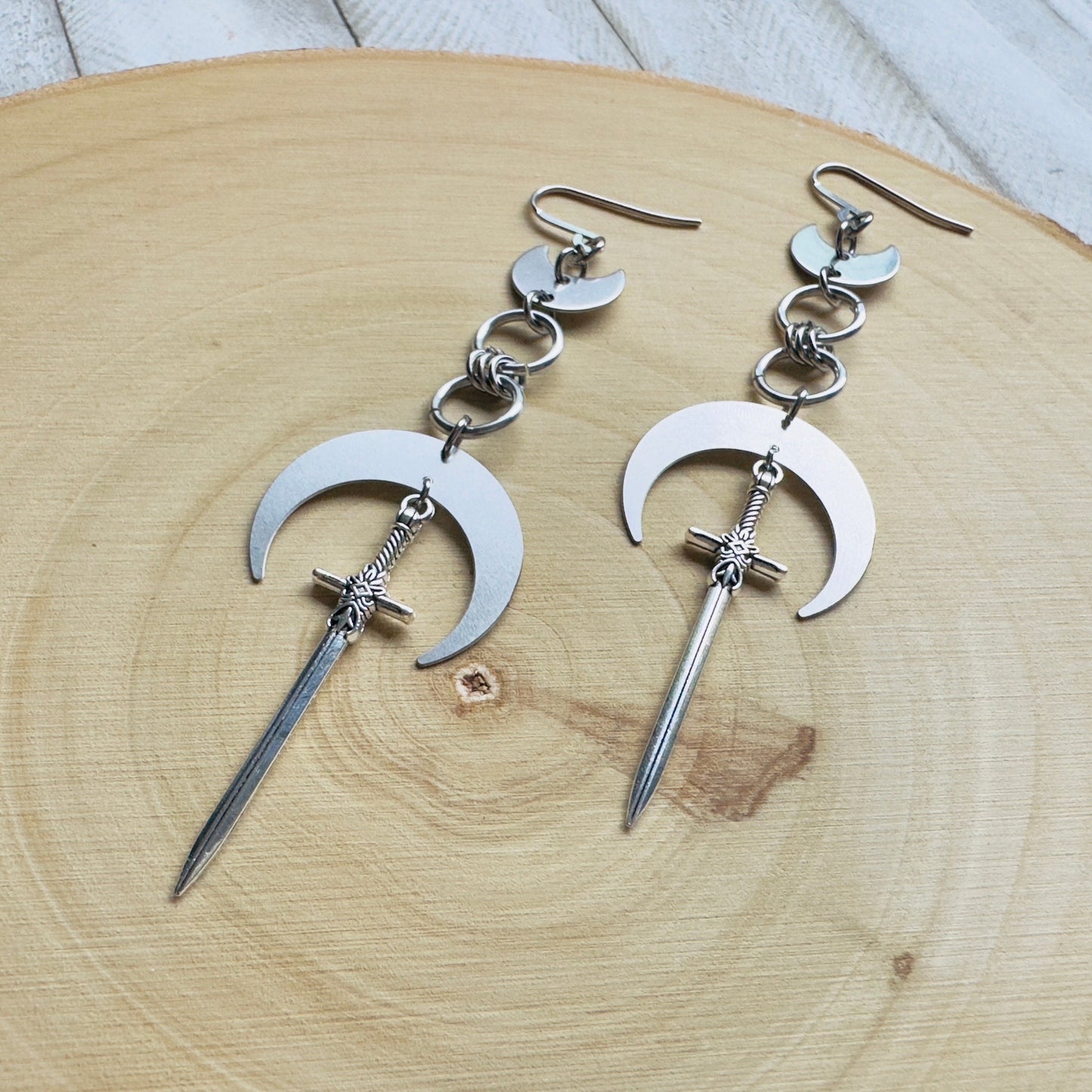 Silver Sword Moon Earrings