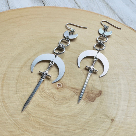 Silver Sword Moon Earrings