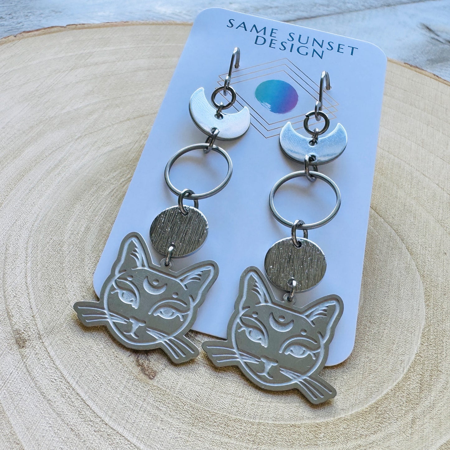 Silver Cat Moon Earrings
