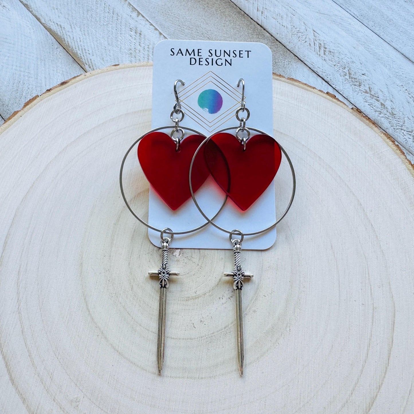 Red Heart Sword Earrings