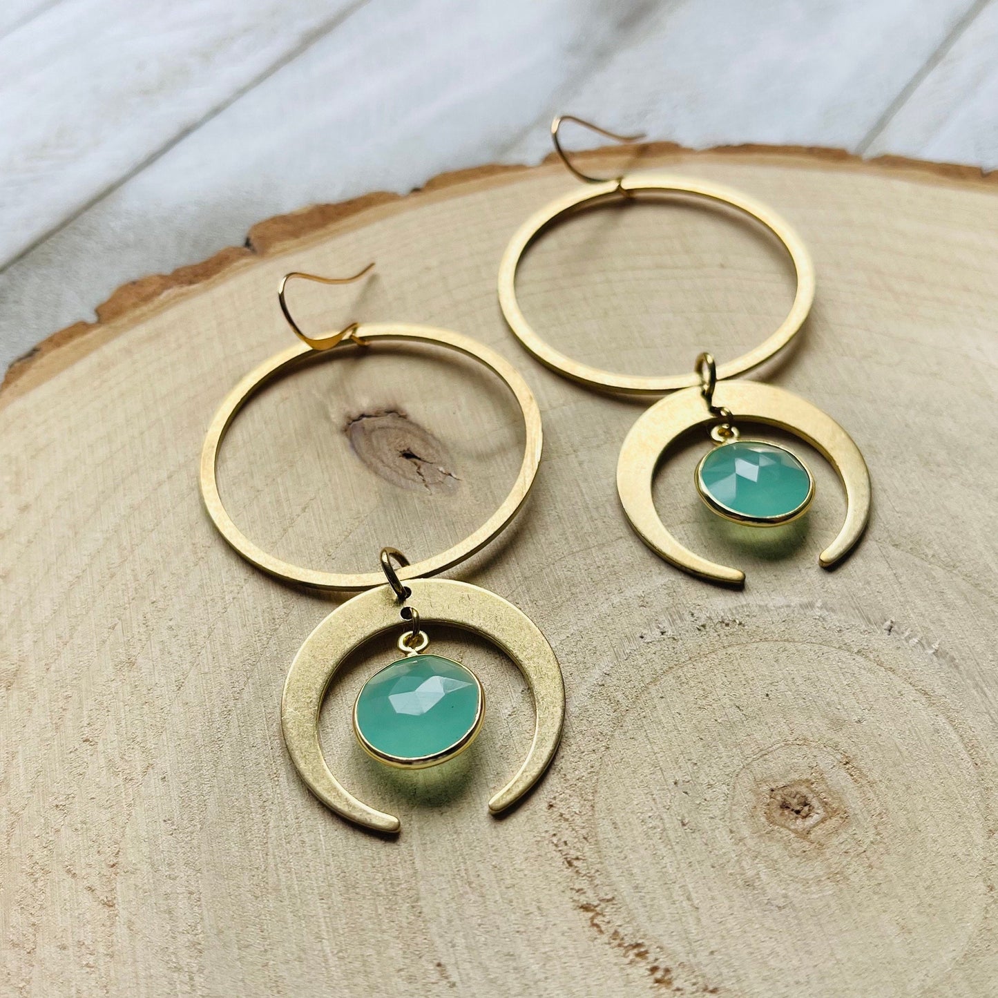 Aqua Chalcedony Moon Hoop Earrings