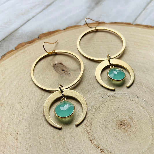 Aqua Chalcedony Moon Hoop Earrings