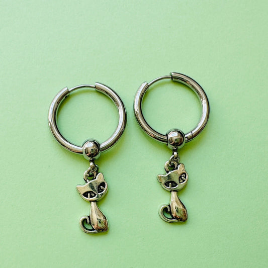 Silver Cat Huggie Hoop Earrings