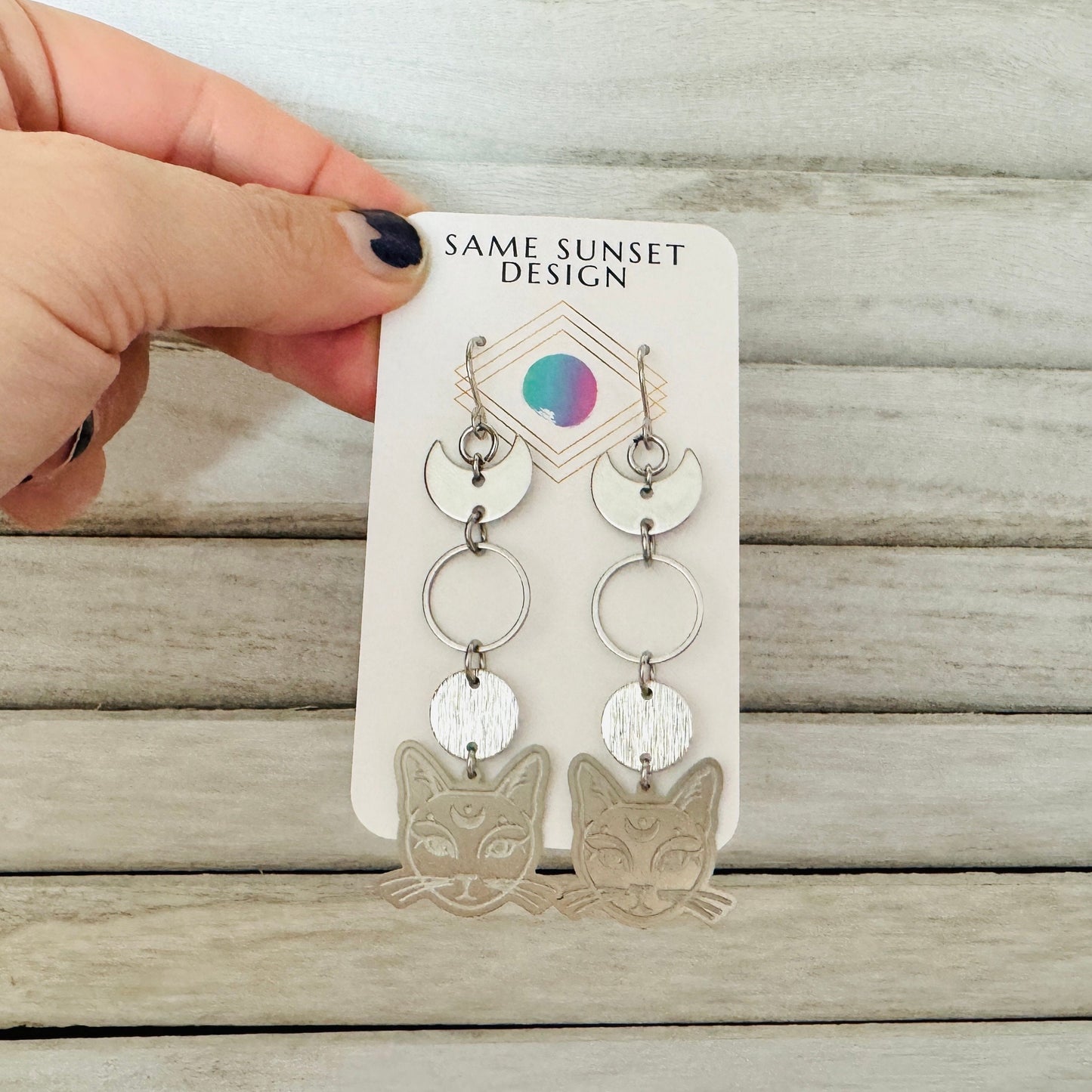 Silver Cat Moon Earrings