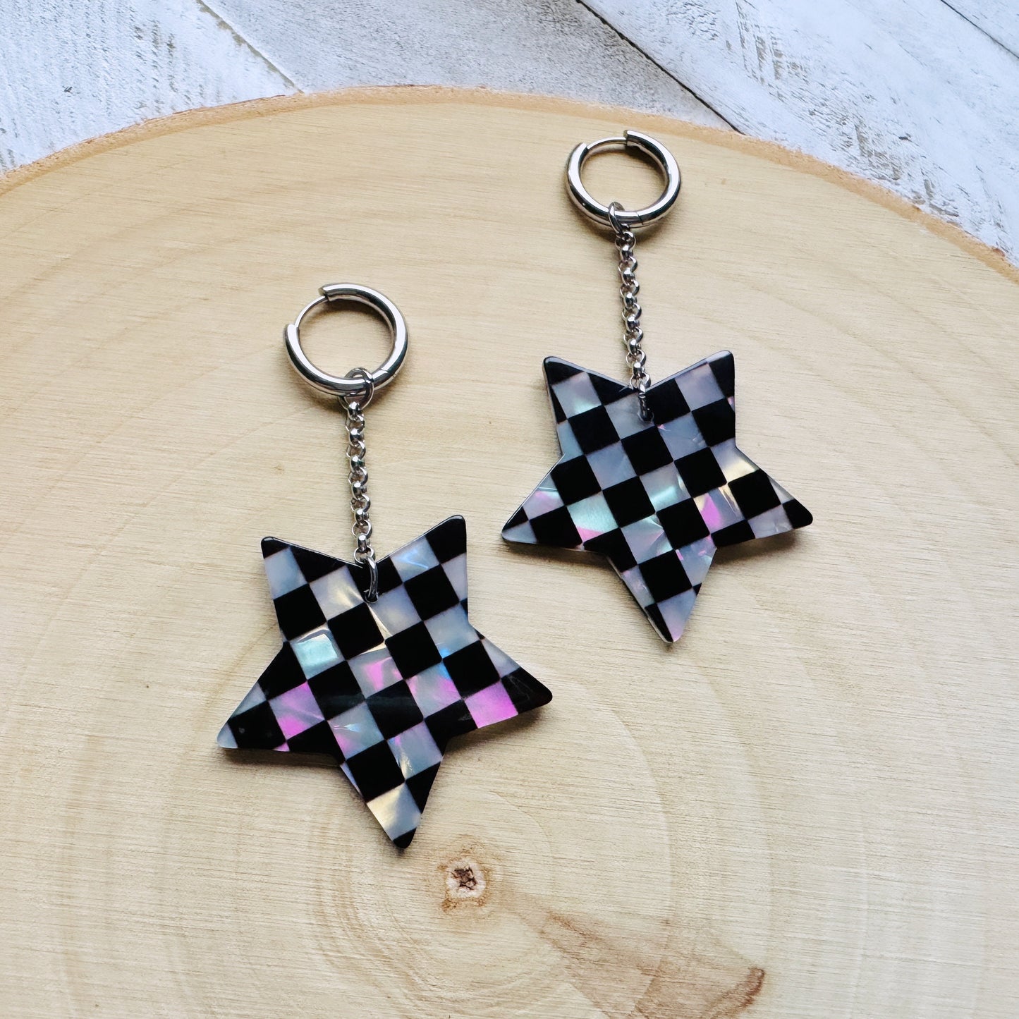 Checkered Star Huggie Hoop Earrings