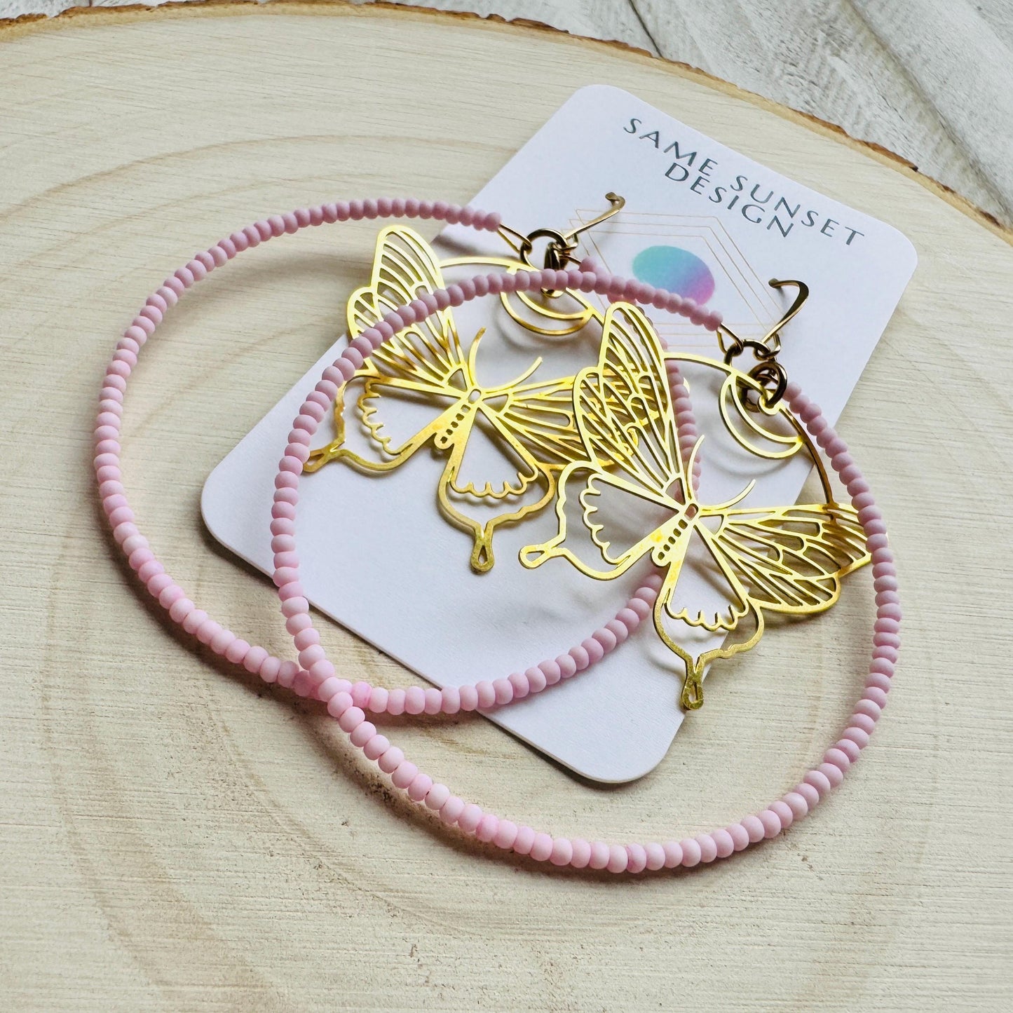 Seed Bead Butterfly Hoop Earrings