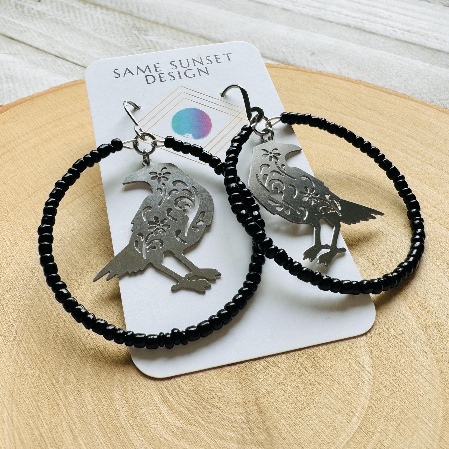 Raven Seed Bead Hoop Earrings