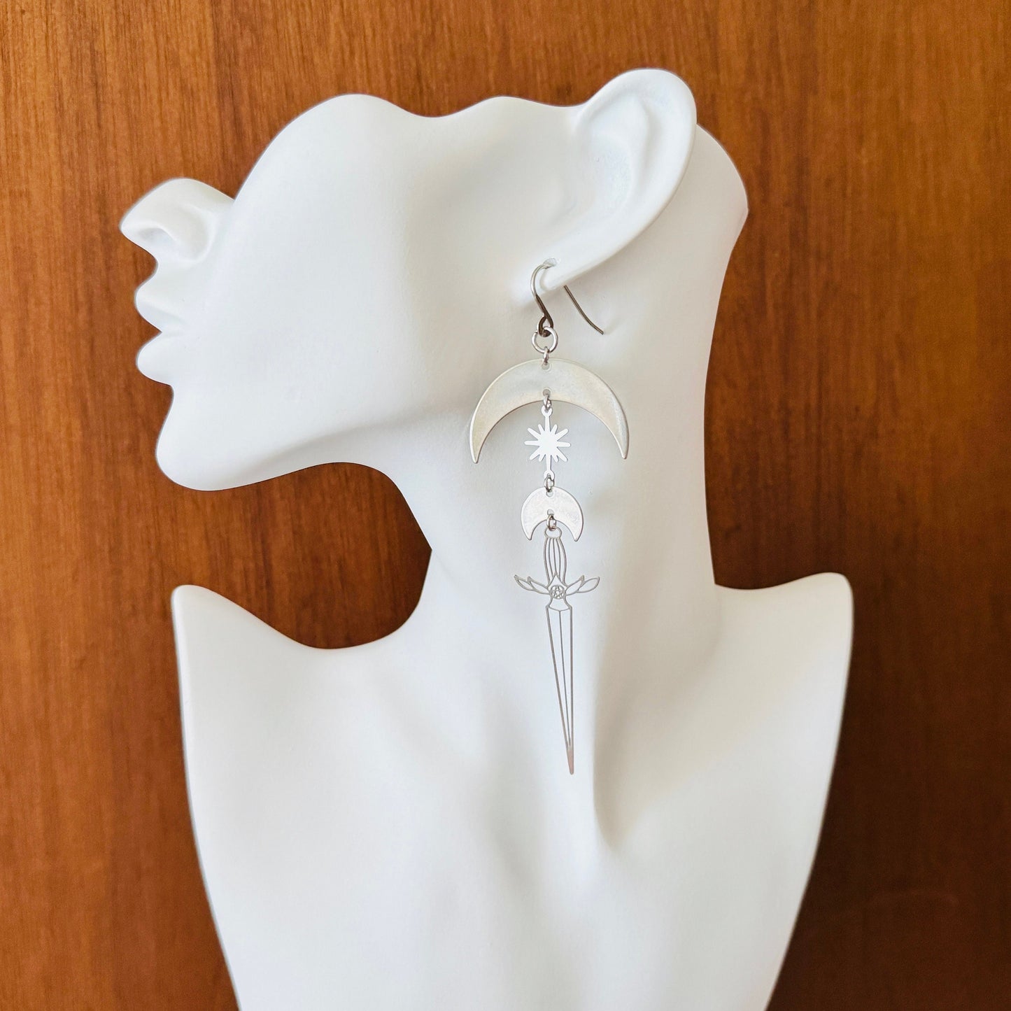 Silver Sword Moon Earrings