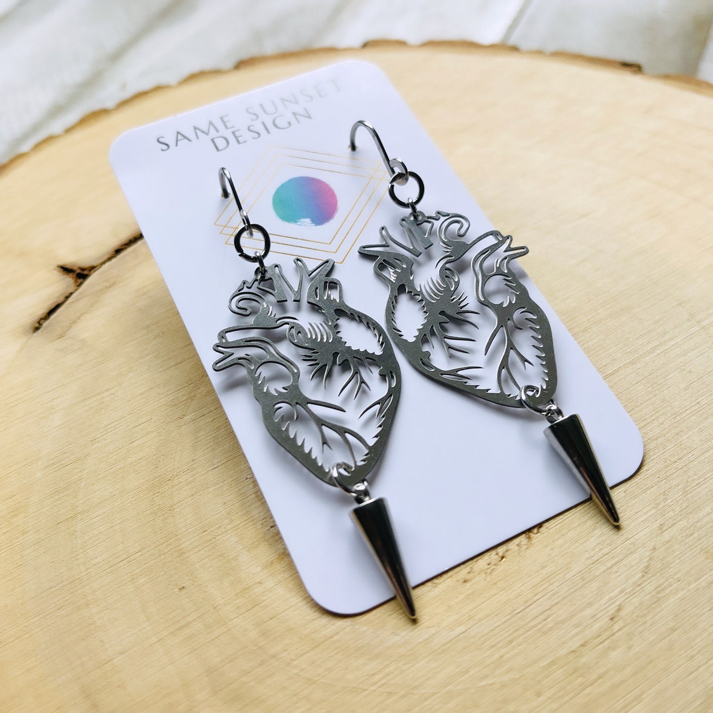 Silver Anatomical Heart Spike Earrings