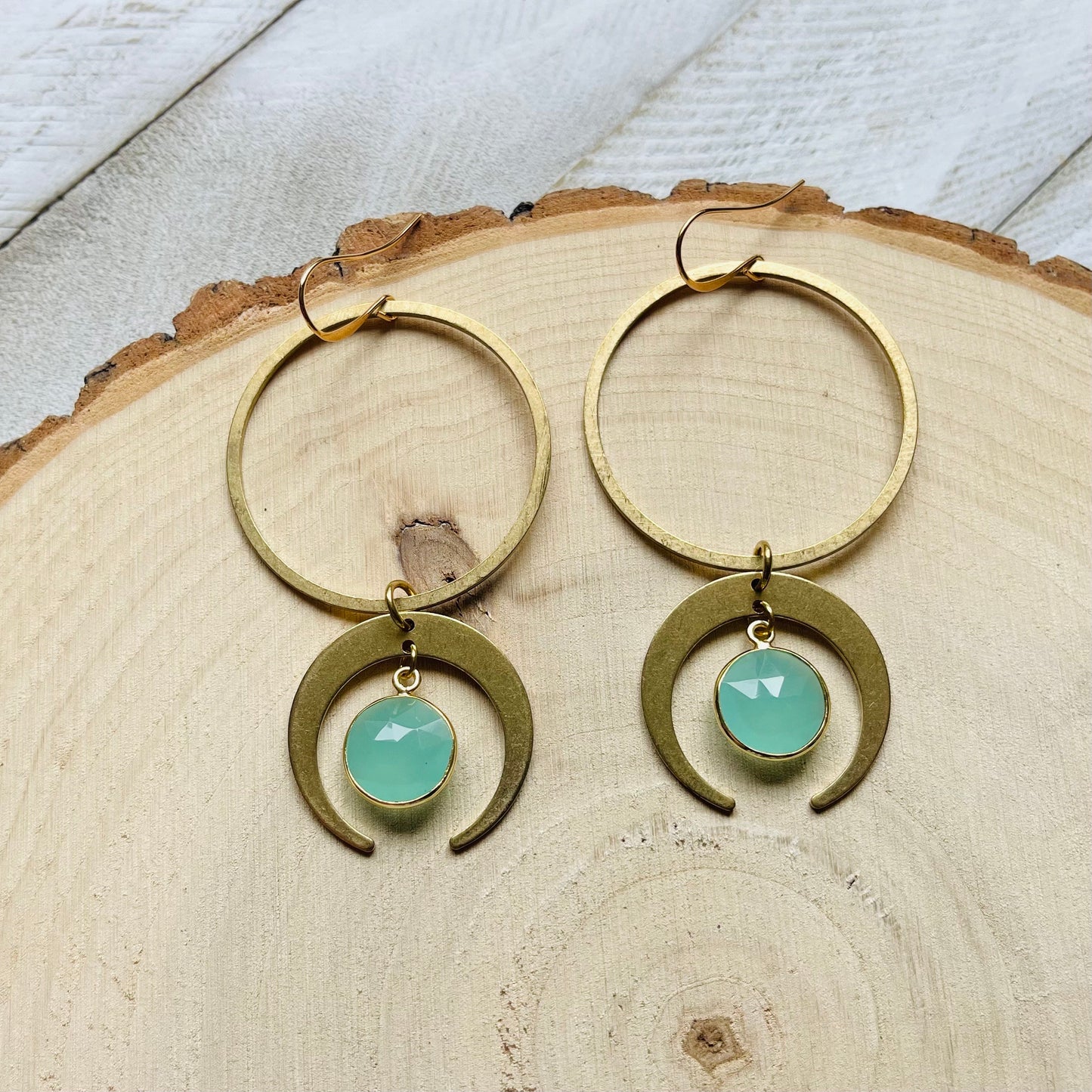Aqua Chalcedony Moon Hoop Earrings