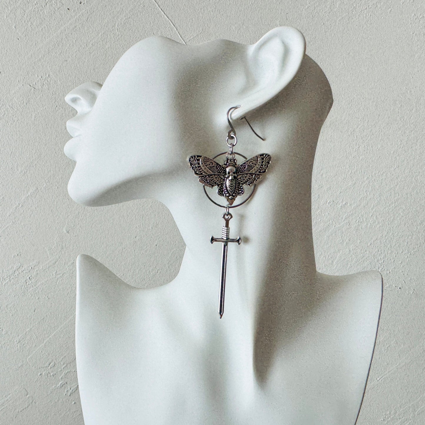 Silver Moth Sword Earrings