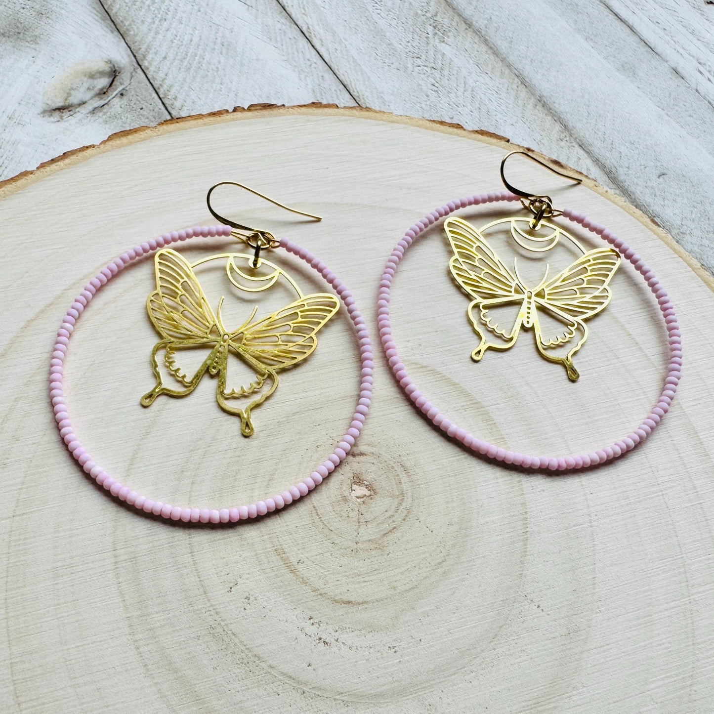 Seed Bead Butterfly Hoop Earrings