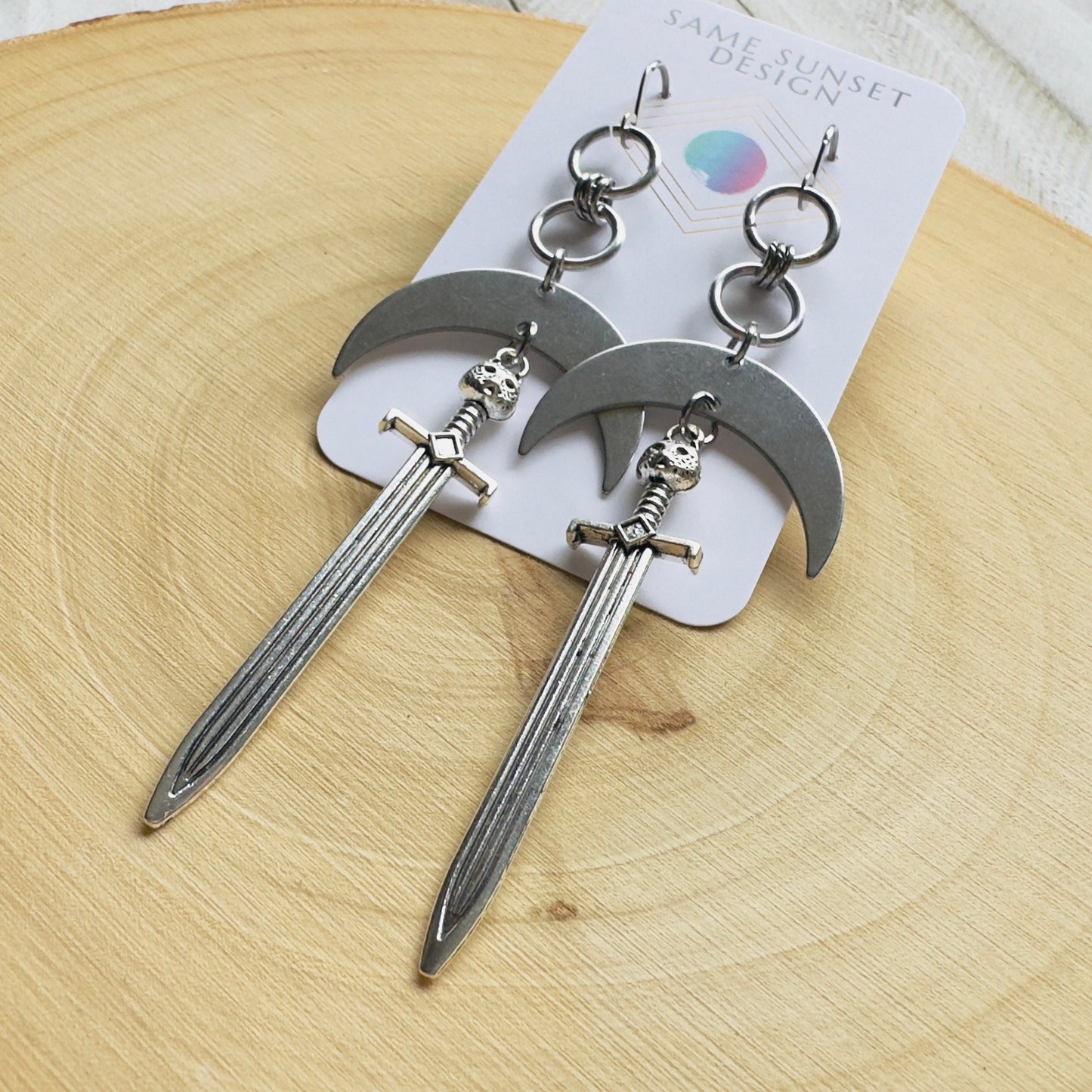 Silver Sword Moon Earrings