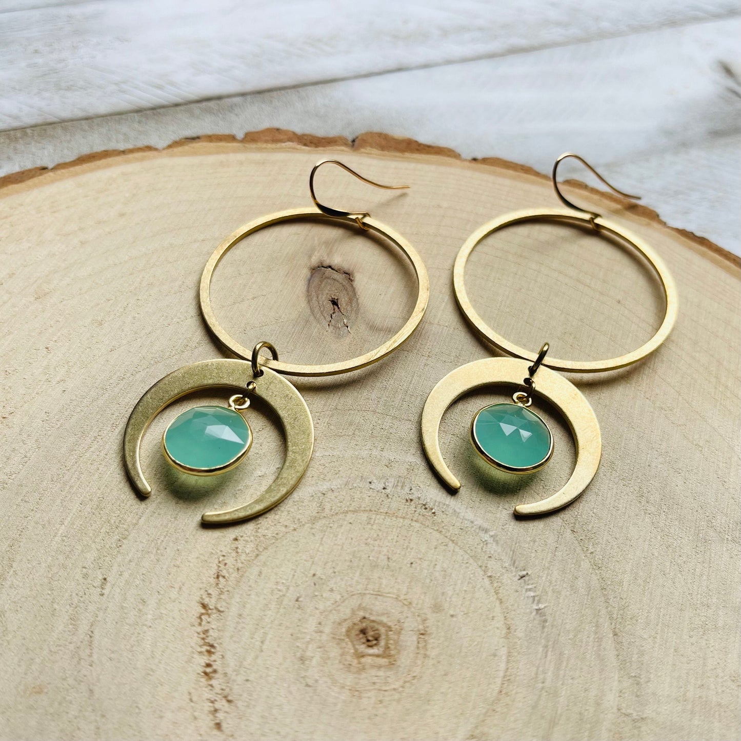 Aqua Chalcedony Moon Hoop Earrings