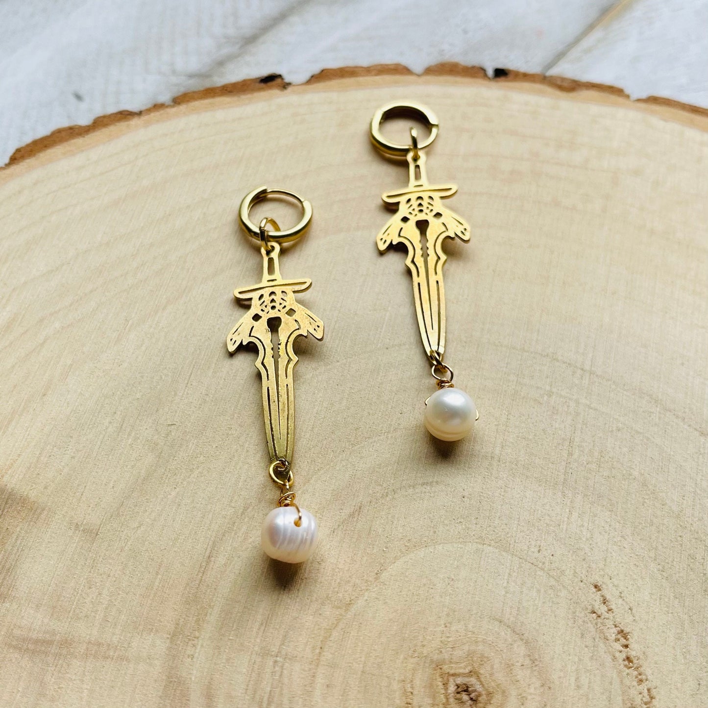 Pearl Sword Huggie Hoop Earrings