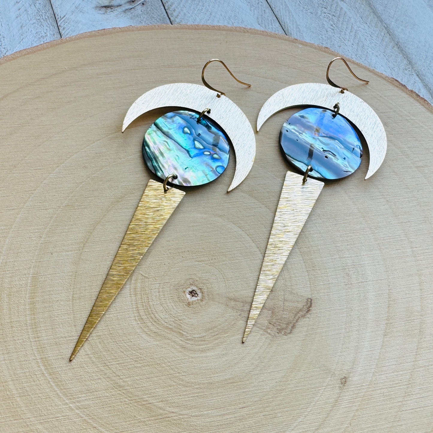 Abalone Brass Moon Earrings
