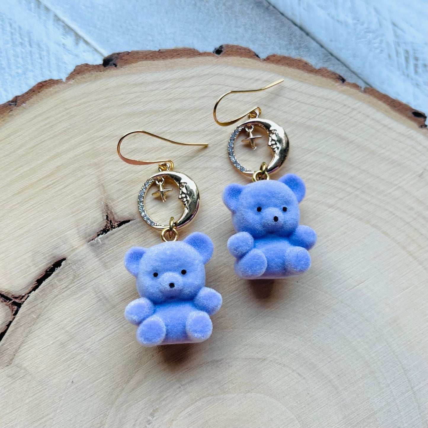 Purple Teddy Bear Moon Earrings