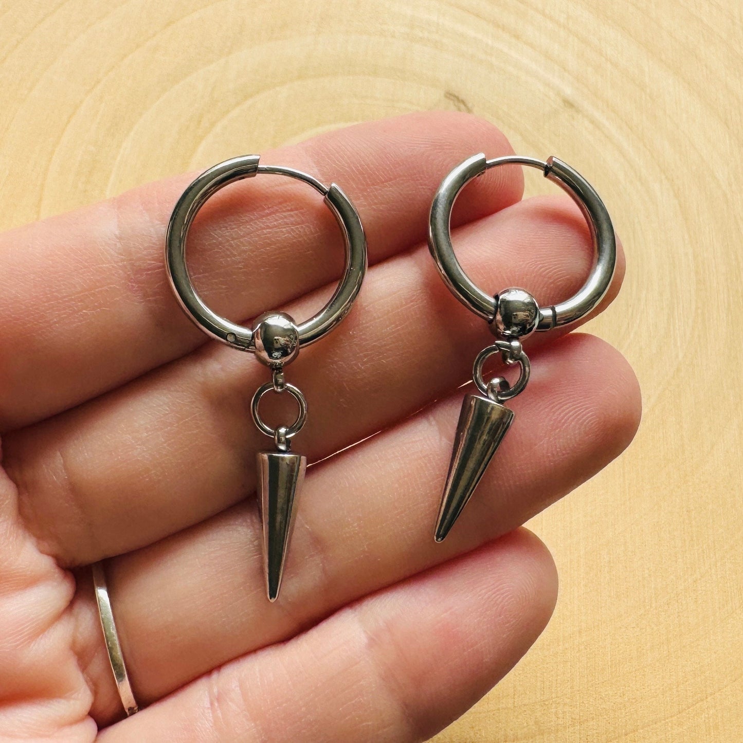 Silver Huggie Hoop Spike Earrings