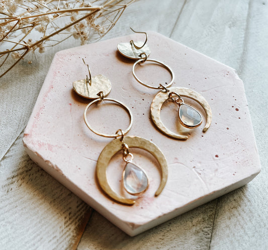 Opalite Earrings, Geometric Brass Earrings, Wanderlust Jewelry, Witchy Jewelry Earrings, Celestial Earrings Dangle, Birthday Gift for Sister
