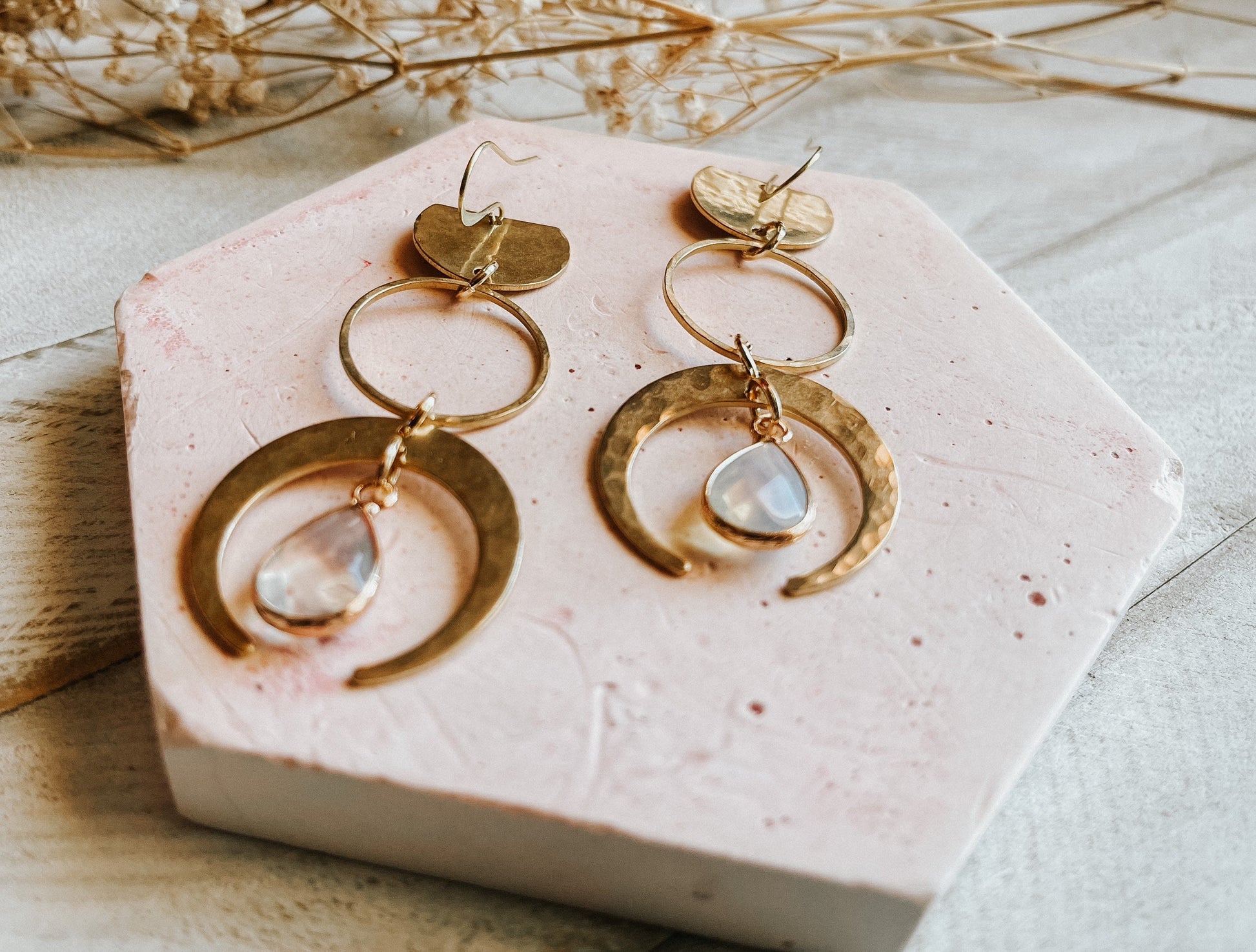 Opalite Earrings, Geometric Brass Earrings, Wanderlust Jewelry, Witchy Jewelry Earrings, Celestial Earrings Dangle, Birthday Gift for Sister