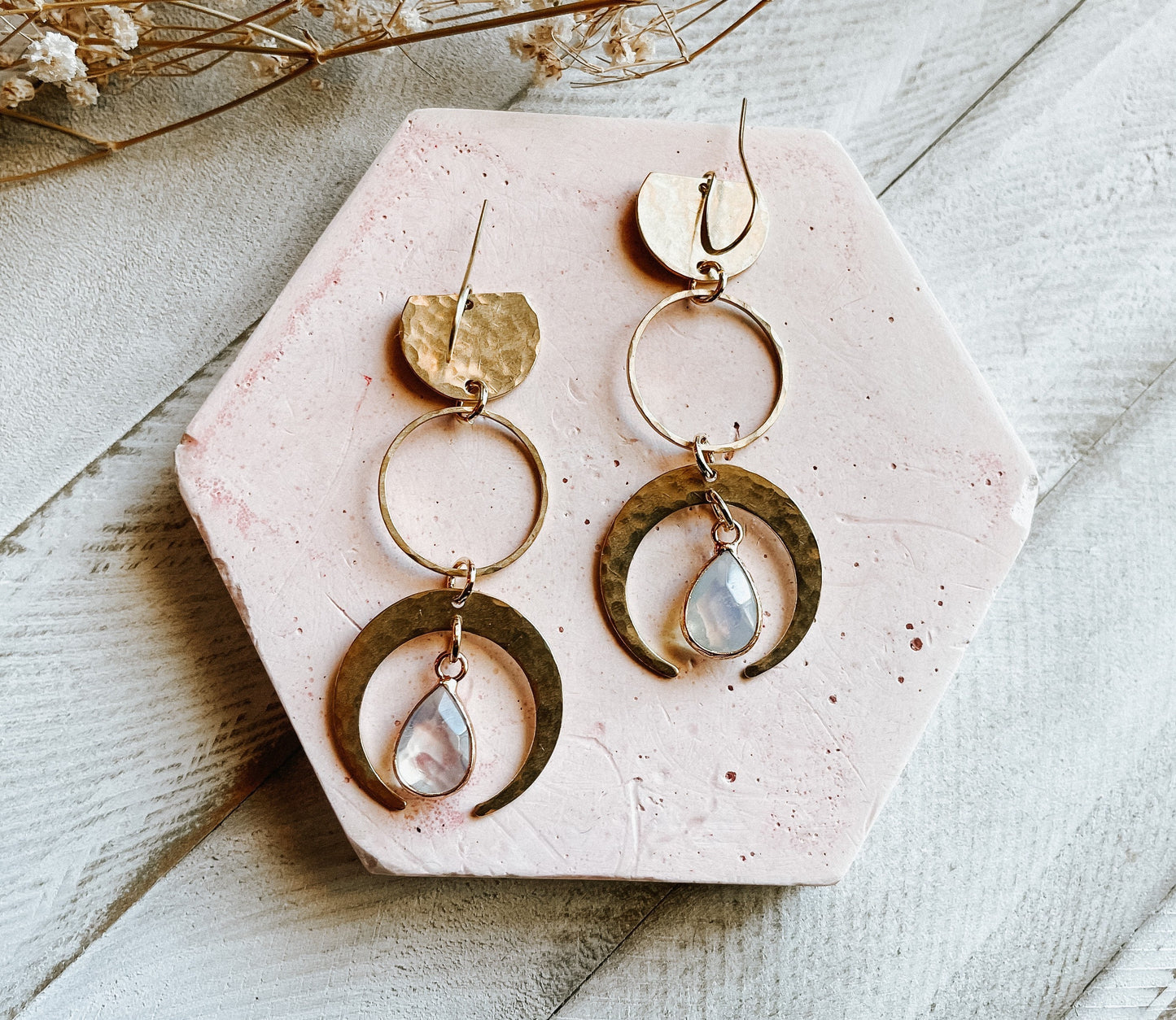 Opalite Earrings, Geometric Brass Earrings, Wanderlust Jewelry, Witchy Jewelry Earrings, Celestial Earrings Dangle, Birthday Gift for Sister