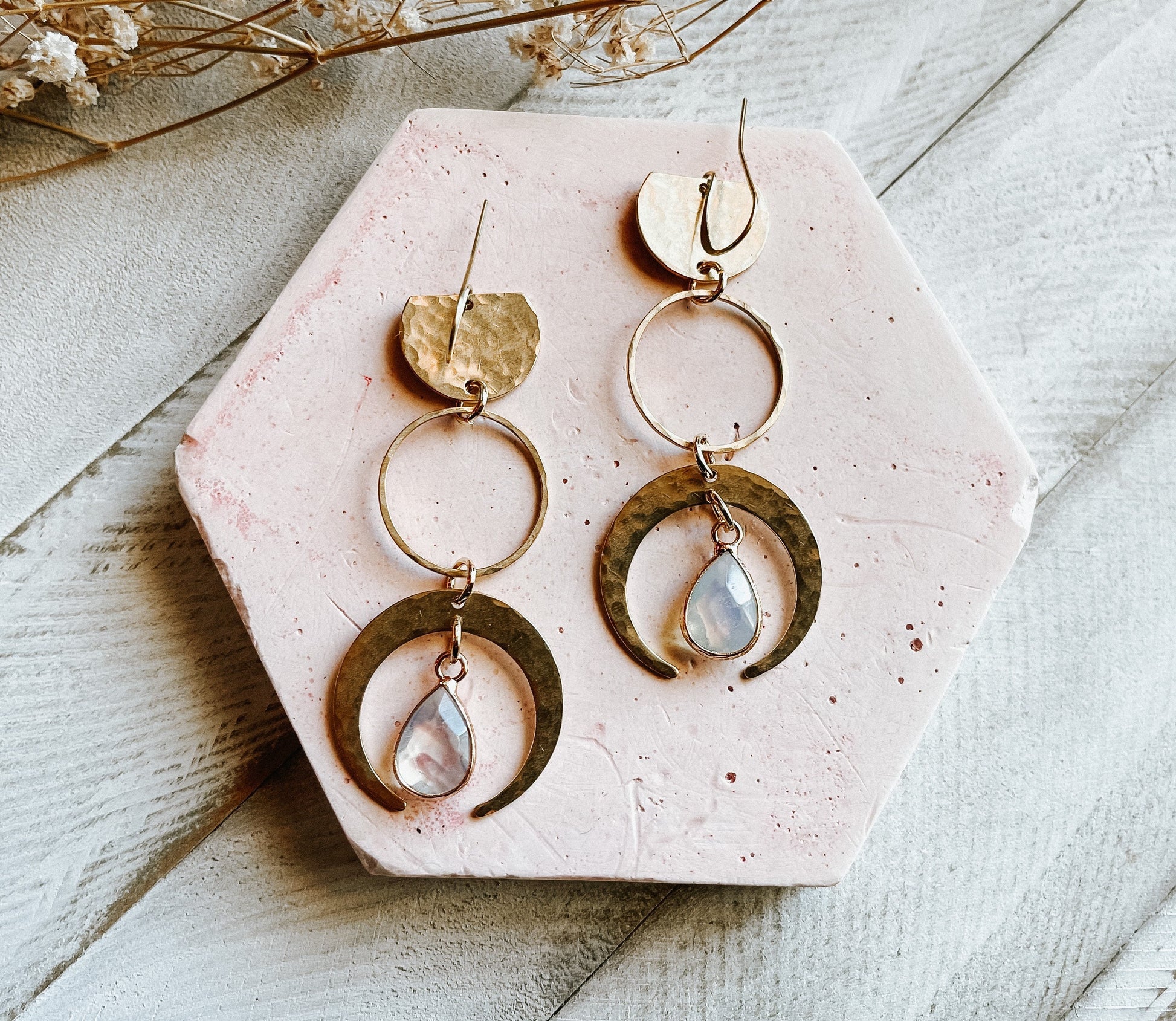 Opalite Earrings, Geometric Brass Earrings, Wanderlust Jewelry, Witchy Jewelry Earrings, Celestial Earrings Dangle, Birthday Gift for Sister
