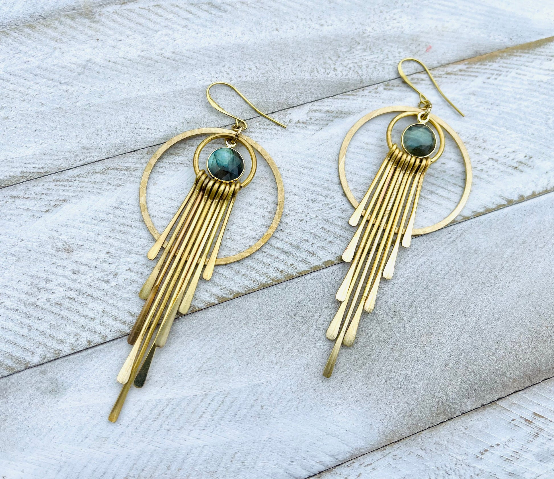 Labradorite Hoop Earrings, Fringe Earrings, Brass Hoop Earrings, Witchy Jewelry for Women, Birthday Gift for Daughter, Best Gift for Mom