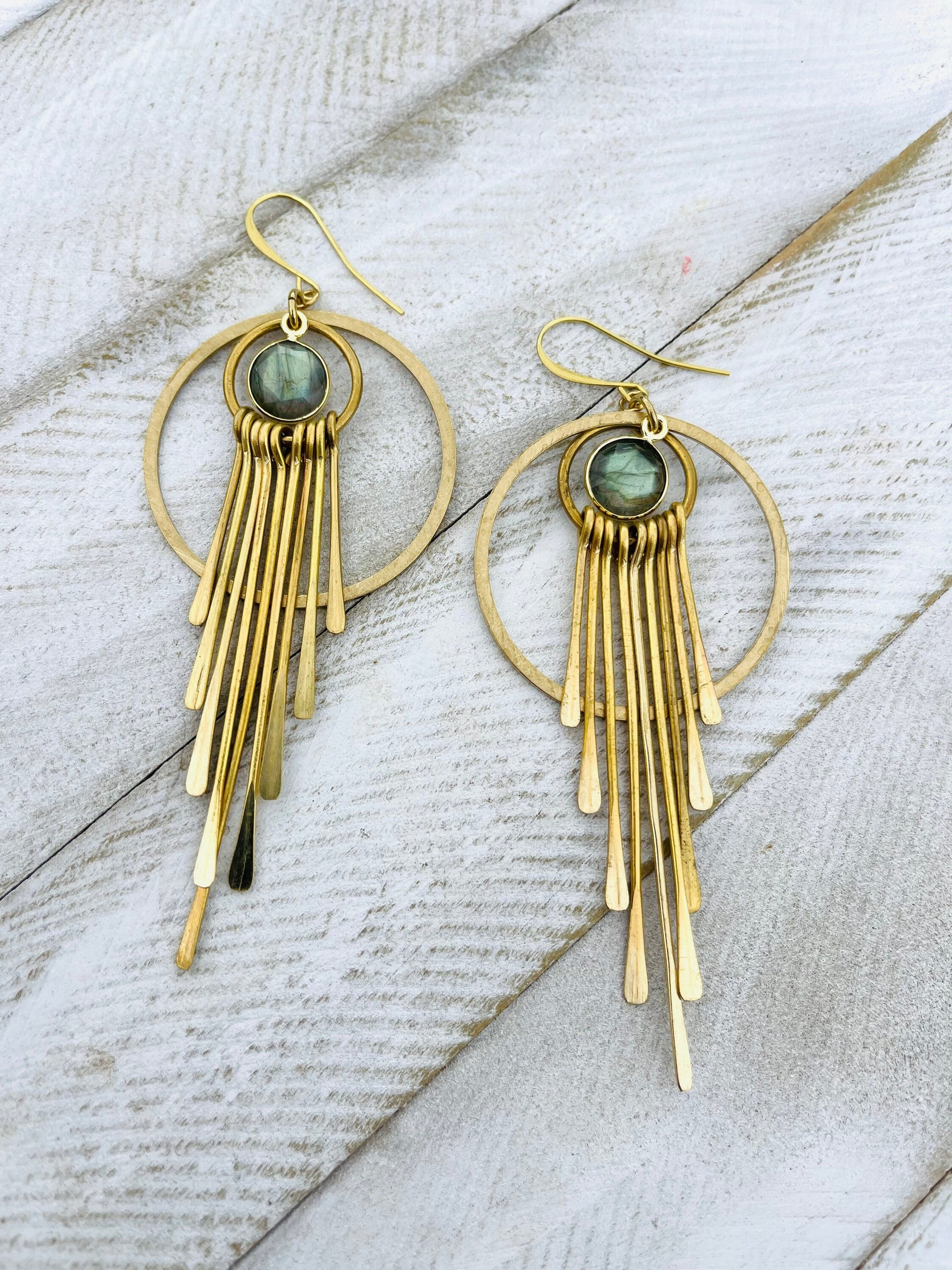 Labradorite Hoop Earrings, Fringe Earrings, Brass Hoop Earrings, Witchy Jewelry for Women, Birthday Gift for Daughter, Best Gift for Mom