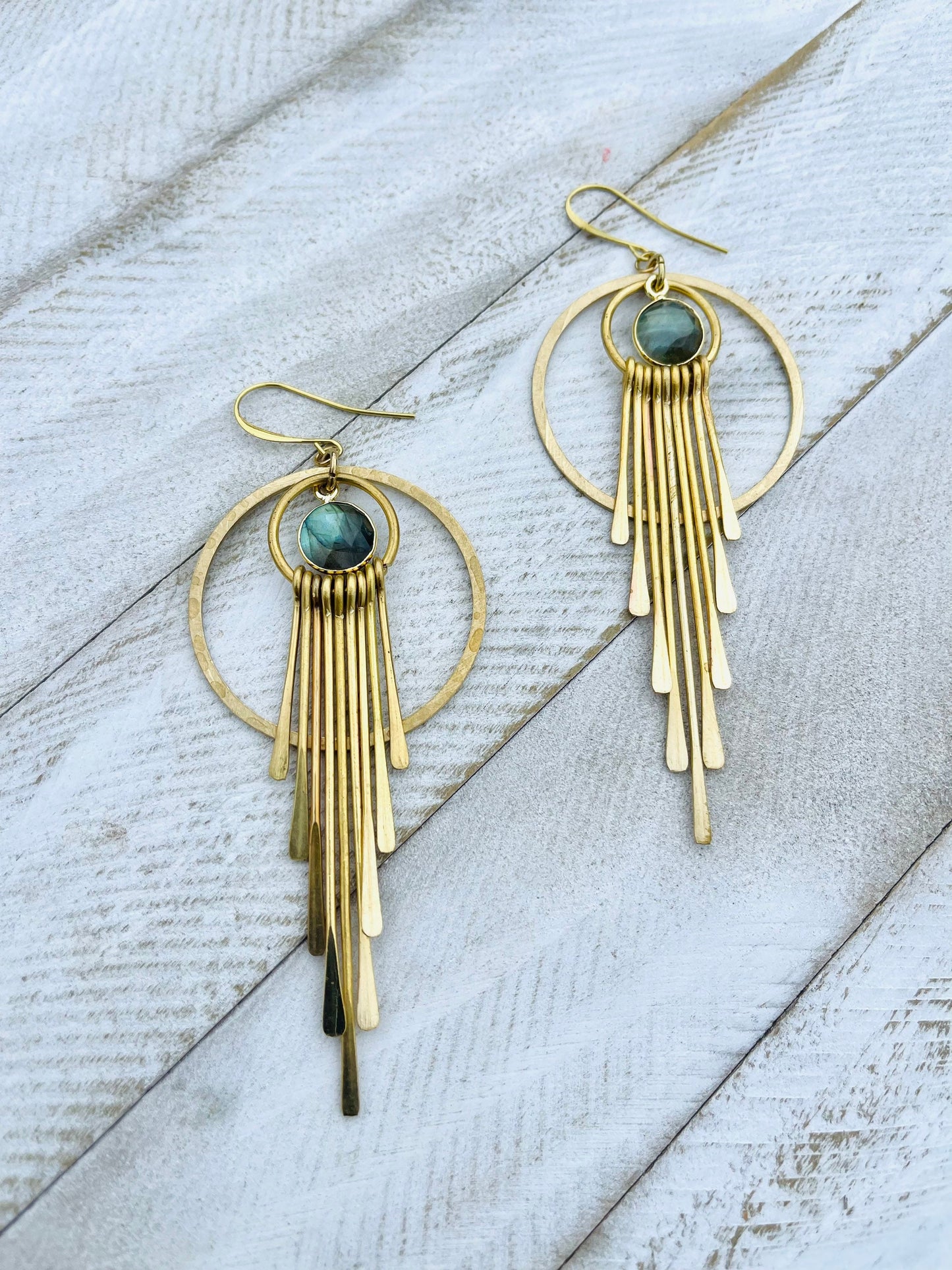 Labradorite Hoop Earrings, Fringe Earrings, Brass Hoop Earrings, Witchy Jewelry for Women, Birthday Gift for Daughter, Best Gift for Mom