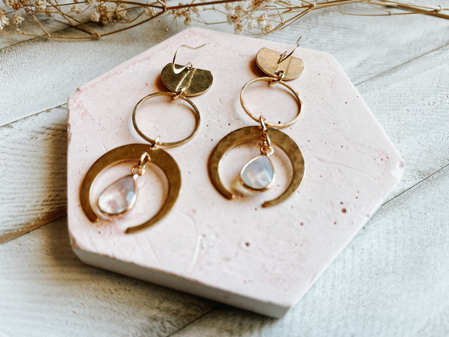 Opalite Earrings, Geometric Brass Earrings, Wanderlust Jewelry, Witchy Jewelry Earrings, Celestial Earrings Dangle, Birthday Gift for Sister