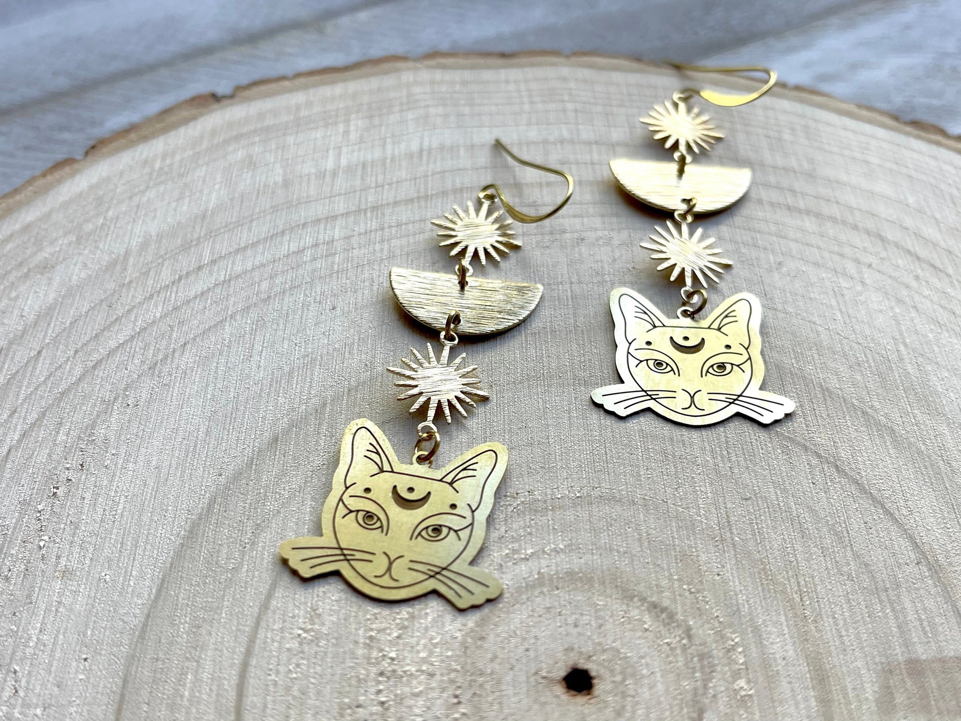 Cat Earrings, Brass Moon Earrings, Witchy Earrings, Witchy Gifts for Women, Best Gifts for Aunt, Unique Birthday Gift for Sister in Law