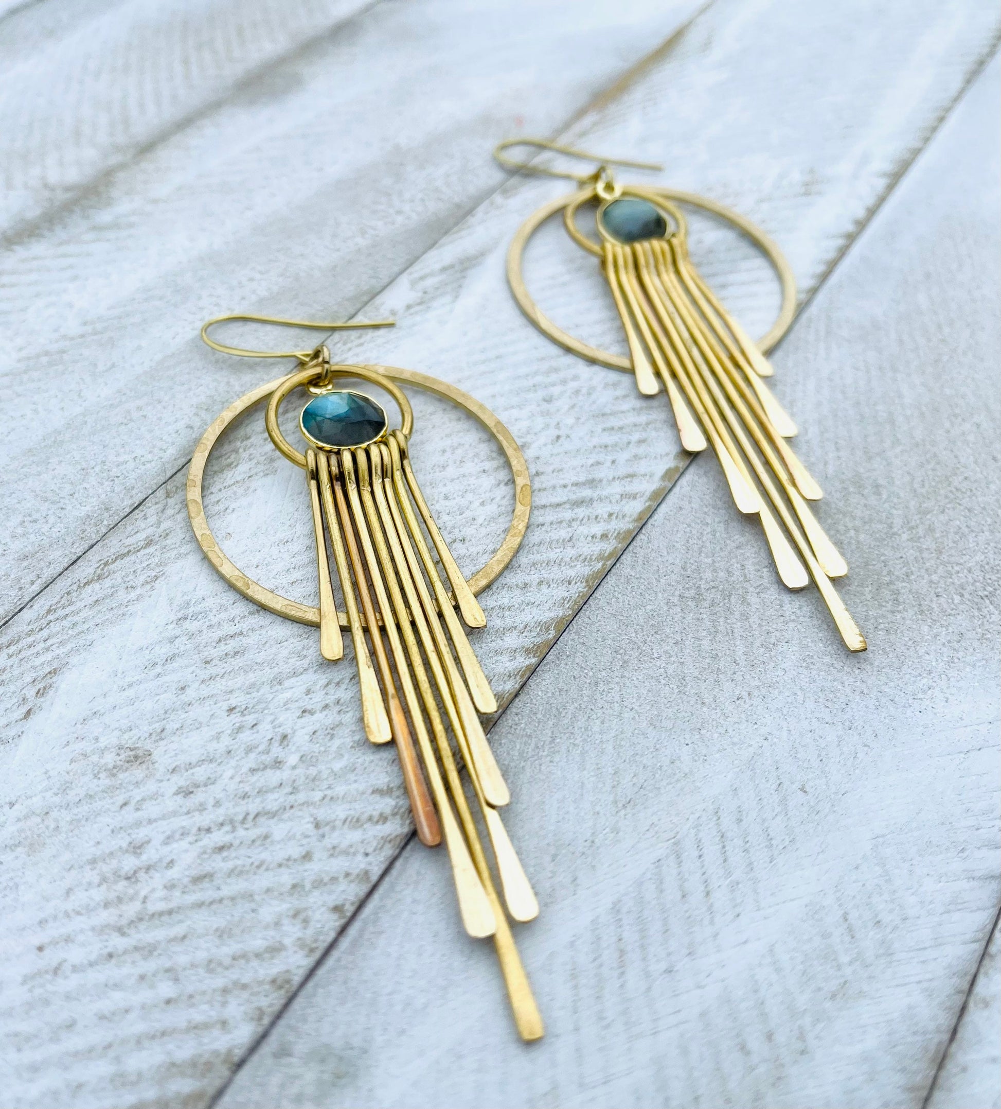 Labradorite Hoop Earrings, Fringe Earrings, Brass Hoop Earrings, Witchy Jewelry for Women, Birthday Gift for Daughter, Best Gift for Mom