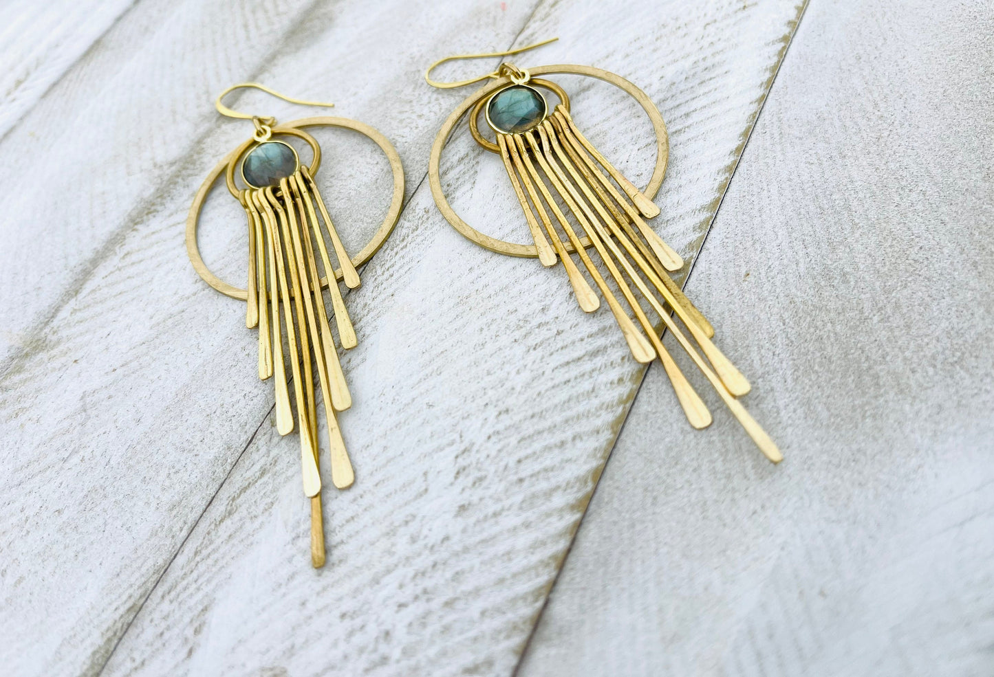 Labradorite Hoop Earrings, Fringe Earrings, Brass Hoop Earrings, Witchy Jewelry for Women, Birthday Gift for Daughter, Best Gift for Mom