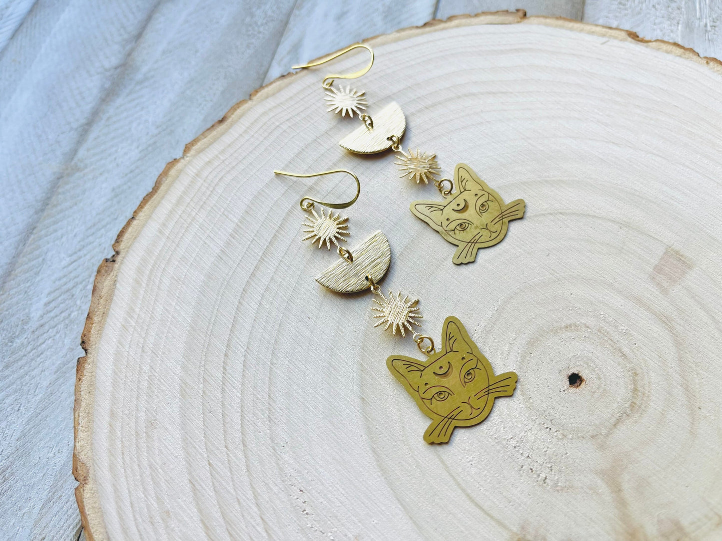 Cat Earrings, Brass Moon Earrings, Witchy Earrings, Witchy Gifts for Women, Best Gifts for Aunt, Unique Birthday Gift for Sister in Law