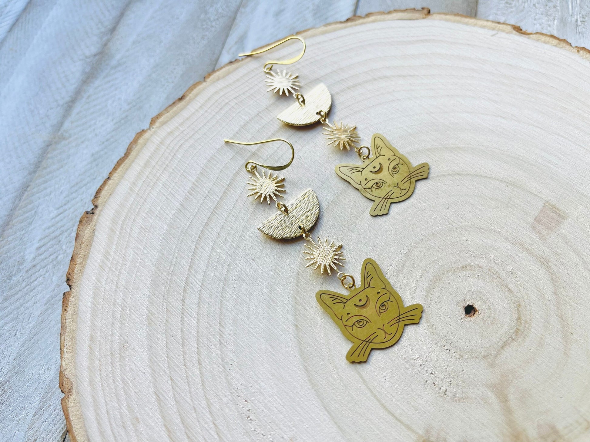 Cat Earrings, Brass Moon Earrings, Witchy Earrings, Witchy Gifts for Women, Best Gifts for Aunt, Unique Birthday Gift for Sister in Law