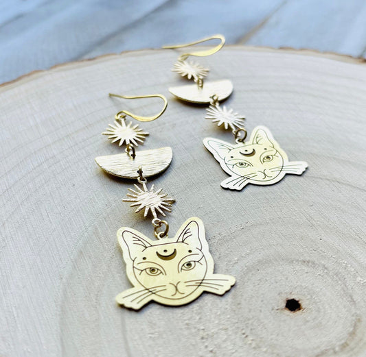 Cat Earrings, Brass Moon Earrings, Witchy Earrings, Witchy Gifts for Women, Best Gifts for Aunt, Unique Birthday Gift for Sister in Law