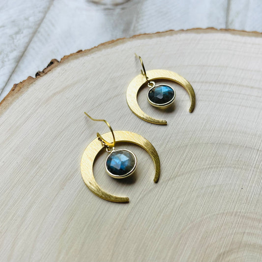 Brass Moon Earrings, Labradorite Earrings, Celestial Jewelry, Crescent Moon Earrings, Mothers Day Gift from Daughter, Witchy Gifts for Women