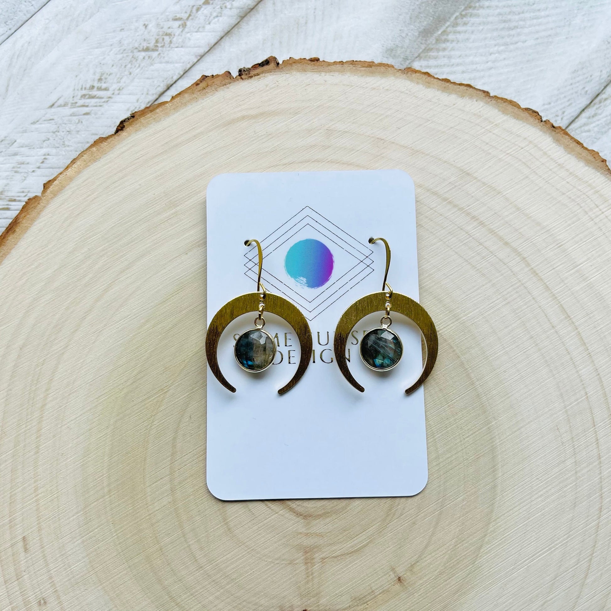 Brass Moon Earrings, Labradorite Earrings, Celestial Jewelry, Crescent Moon Earrings, Mothers Day Gift from Daughter, Witchy Gifts for Women