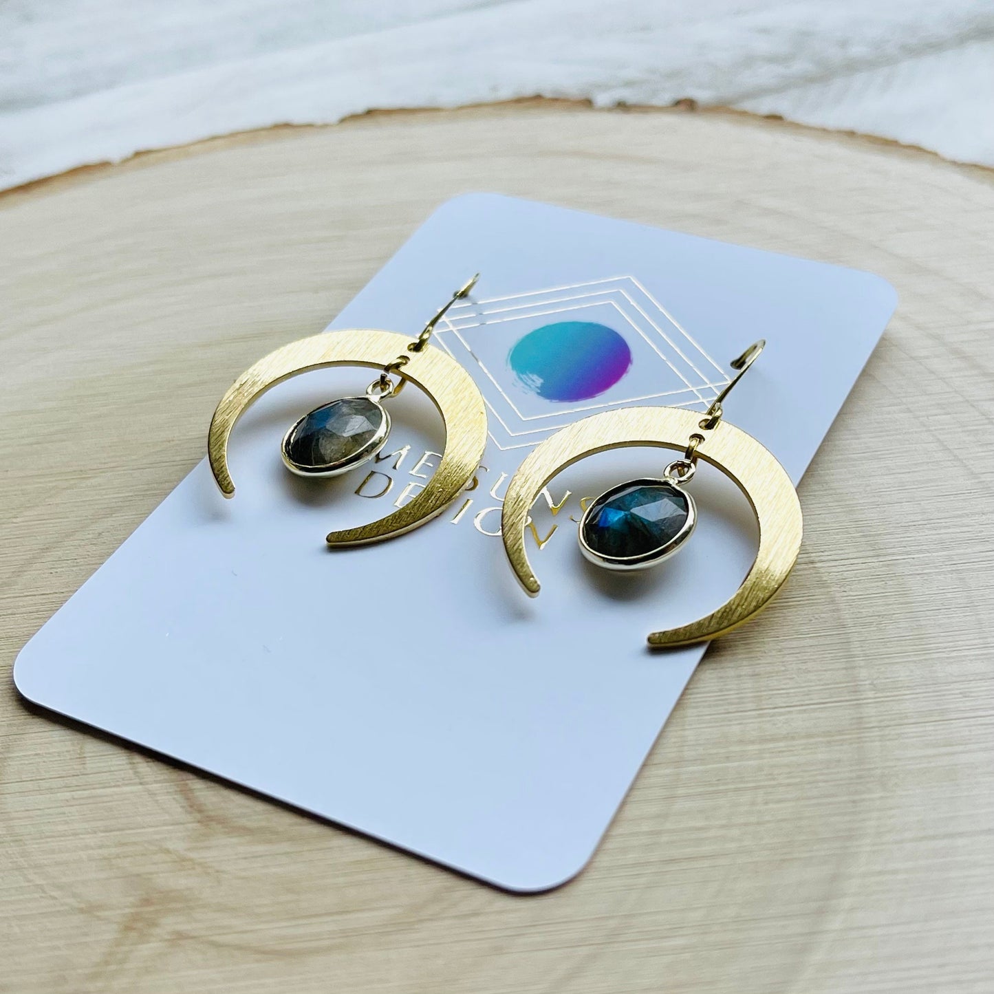 Brass Moon Earrings, Labradorite Earrings, Celestial Jewelry, Crescent Moon Earrings, Mothers Day Gift from Daughter, Witchy Gifts for Women