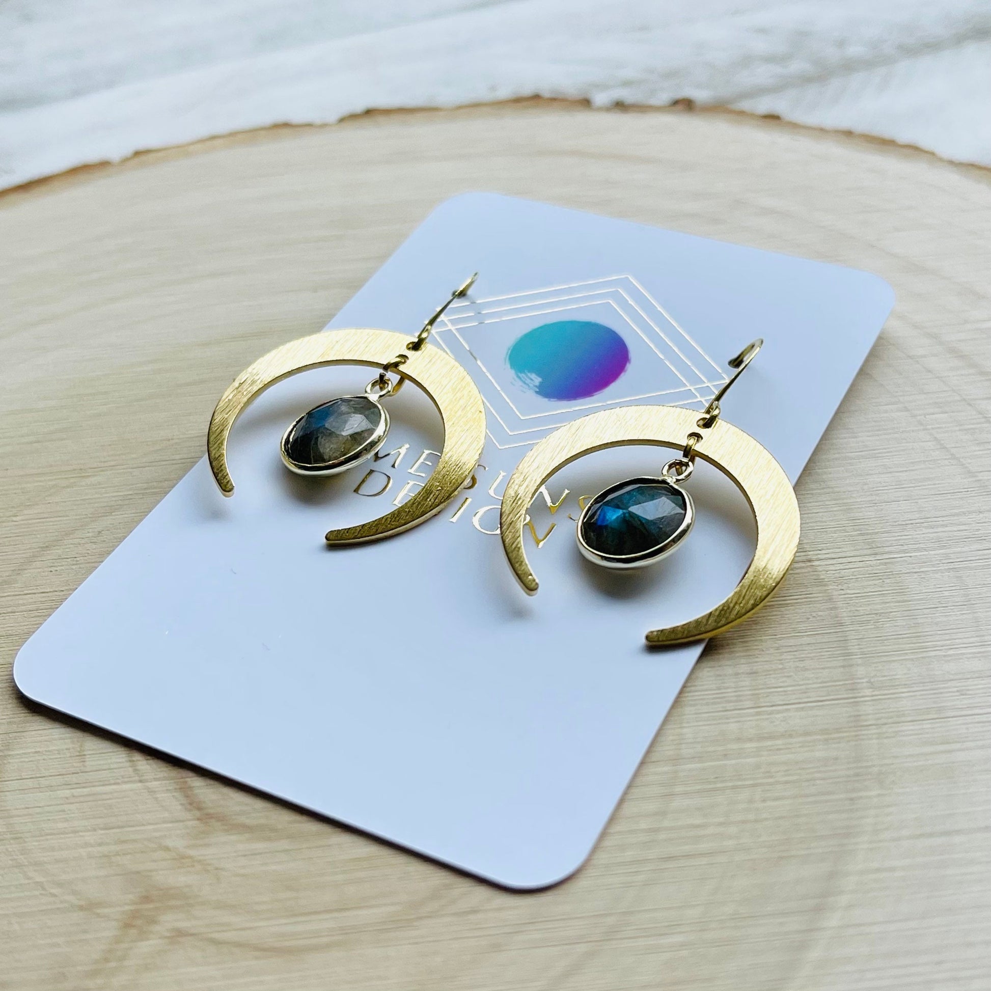 Brass Moon Earrings, Labradorite Earrings, Celestial Jewelry, Crescent Moon Earrings, Mothers Day Gift from Daughter, Witchy Gifts for Women