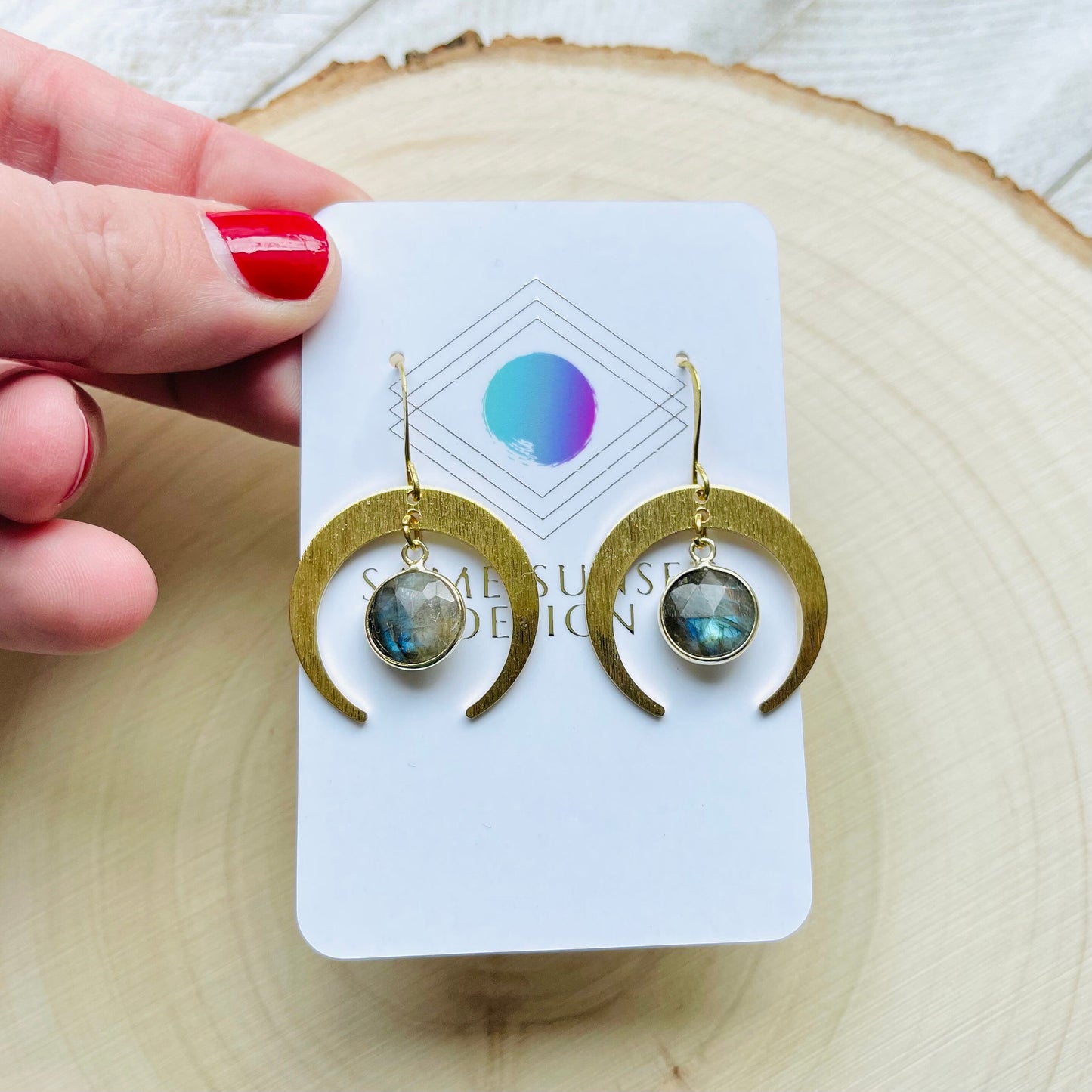 Brass Moon Earrings, Labradorite Earrings, Celestial Jewelry, Crescent Moon Earrings, Mothers Day Gift from Daughter, Witchy Gifts for Women