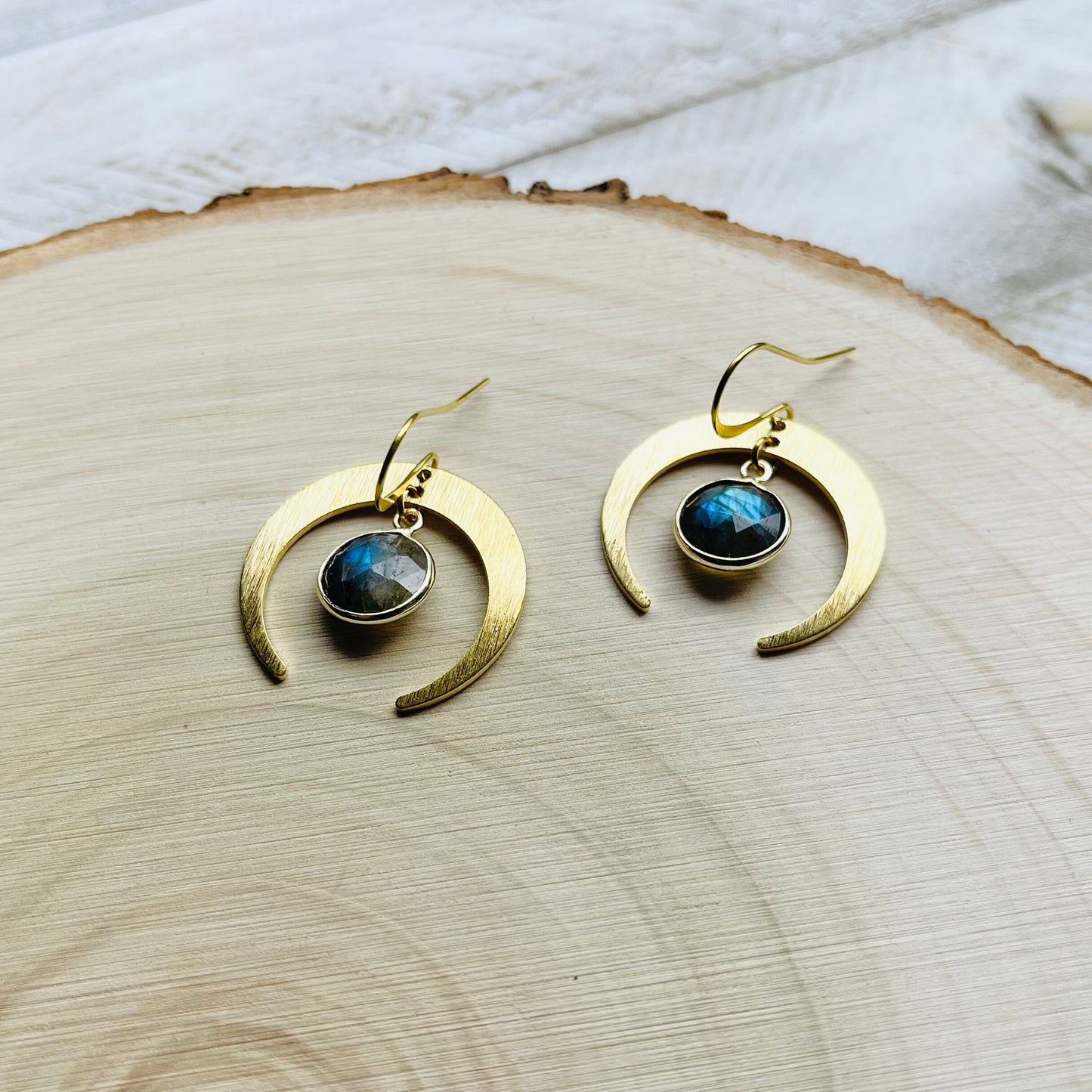 Brass Moon Earrings, Labradorite Earrings, Celestial Jewelry, Crescent Moon Earrings, Mothers Day Gift from Daughter, Witchy Gifts for Women