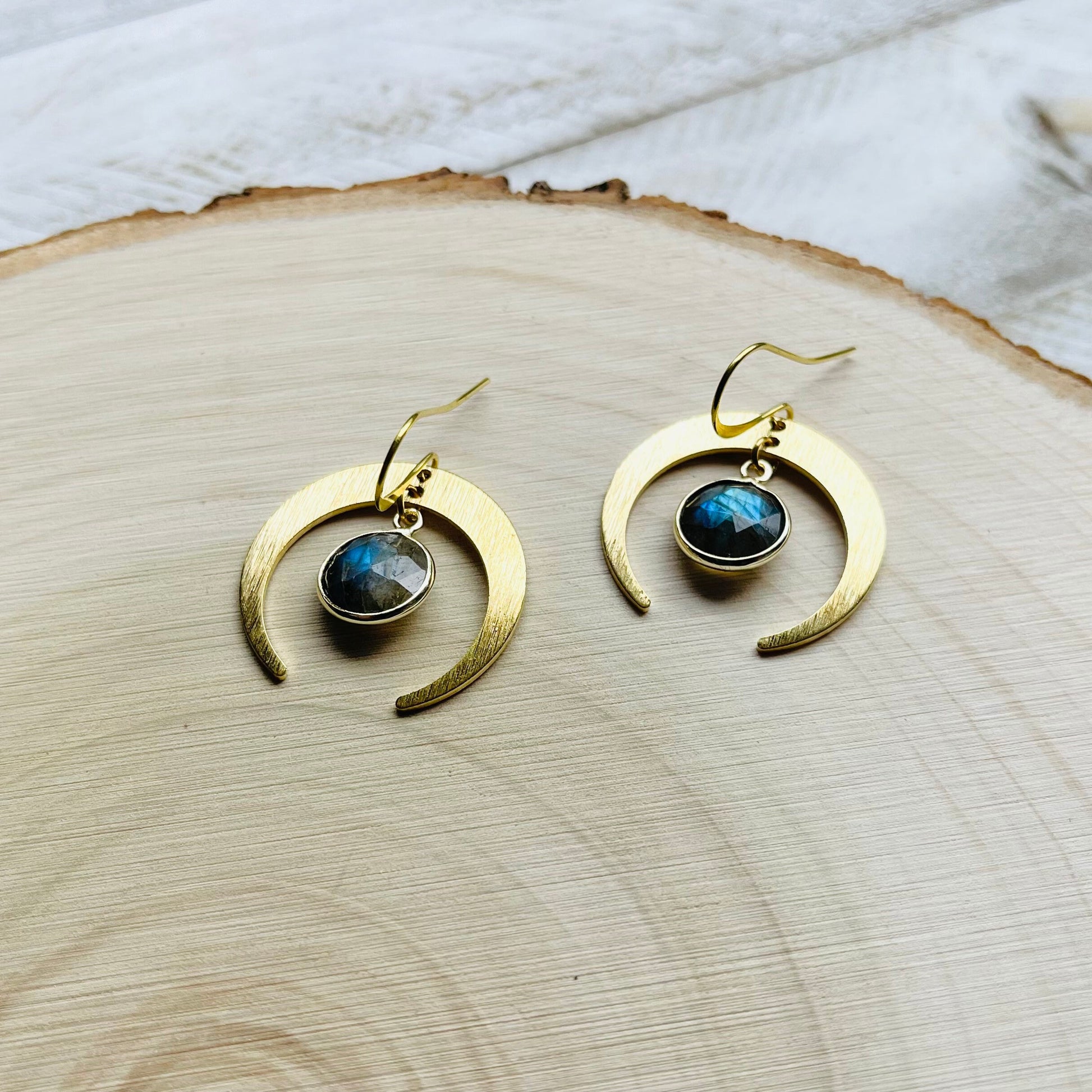 Brass Moon Earrings, Labradorite Earrings, Celestial Jewelry, Crescent Moon Earrings, Mothers Day Gift from Daughter, Witchy Gifts for Women