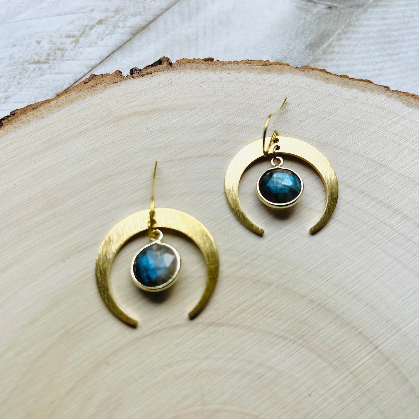 Brass Moon Earrings, Labradorite Earrings, Celestial Jewelry, Crescent Moon Earrings, Mothers Day Gift from Daughter, Witchy Gifts for Women