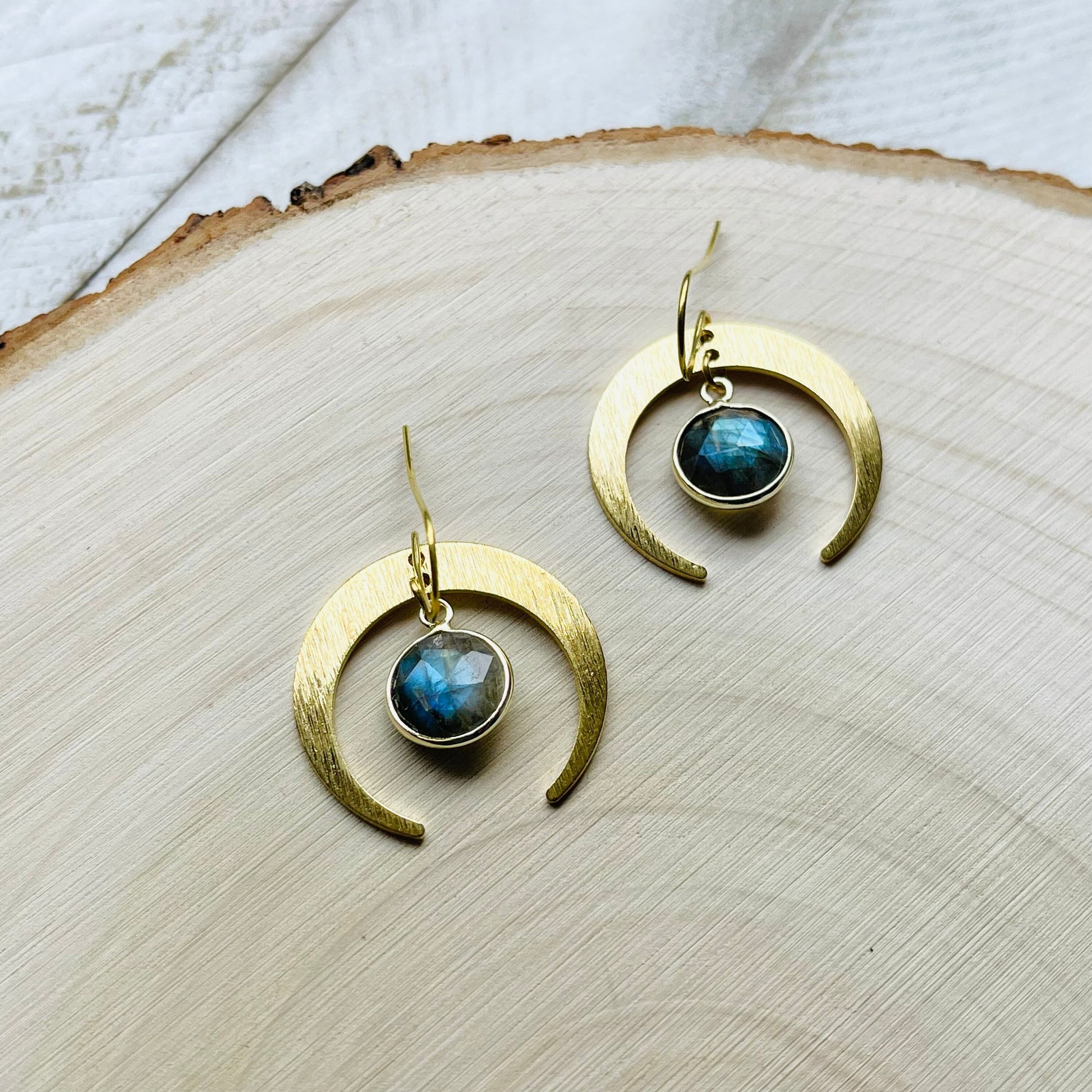 Brass Moon Earrings, Labradorite Earrings, Celestial Jewelry, Crescent Moon Earrings, Mothers Day Gift from Daughter, Witchy Gifts for Women