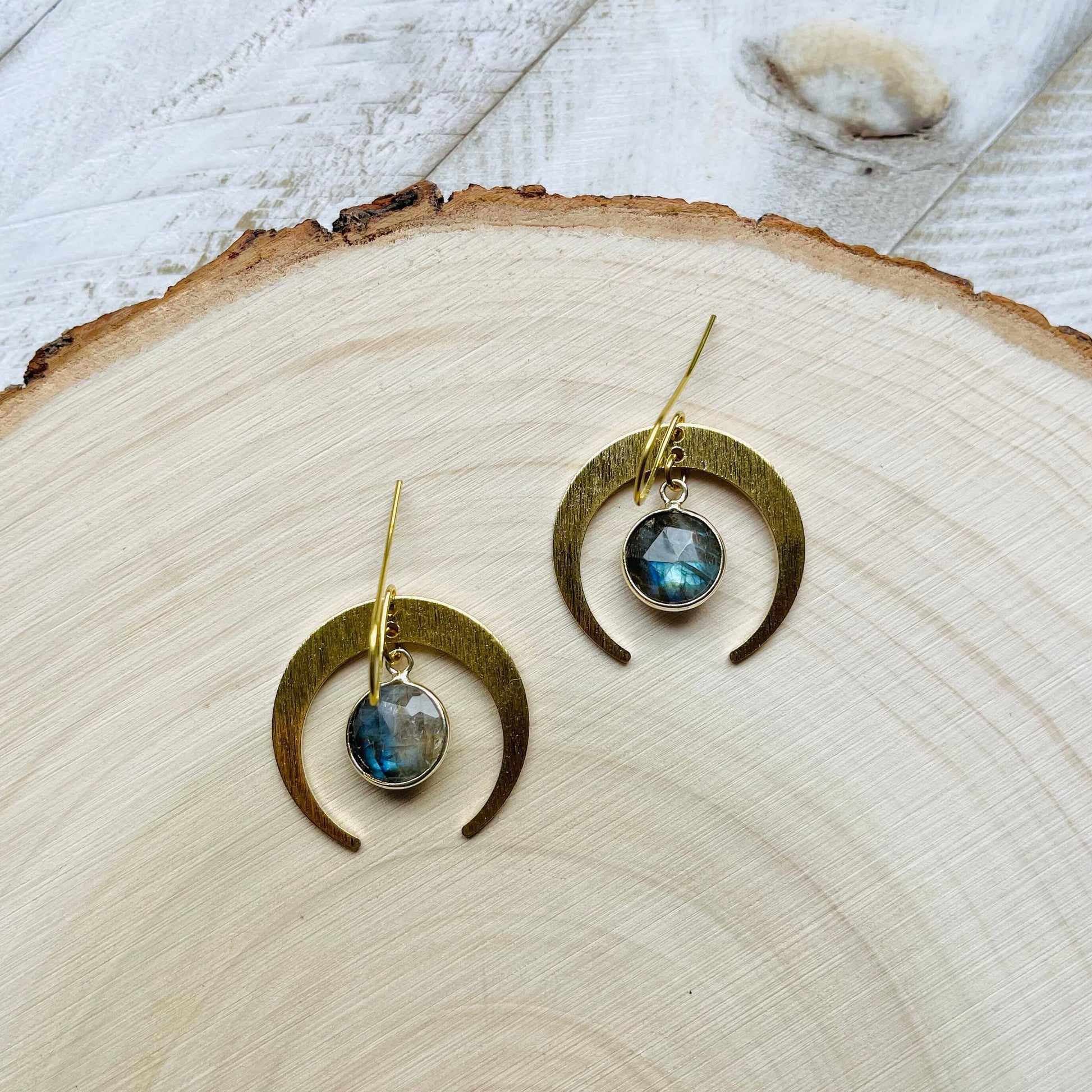 Brass Moon Earrings, Labradorite Earrings, Celestial Jewelry, Crescent Moon Earrings, Mothers Day Gift from Daughter, Witchy Gifts for Women