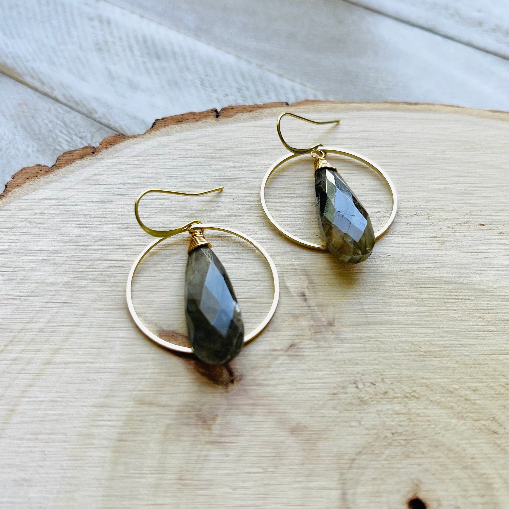 Labradorite Hoop Earrings, Boho Earrings for Wedding, Witchy Jewelry for Women, Birthday Gift for Daughter, Western Earrings Gold