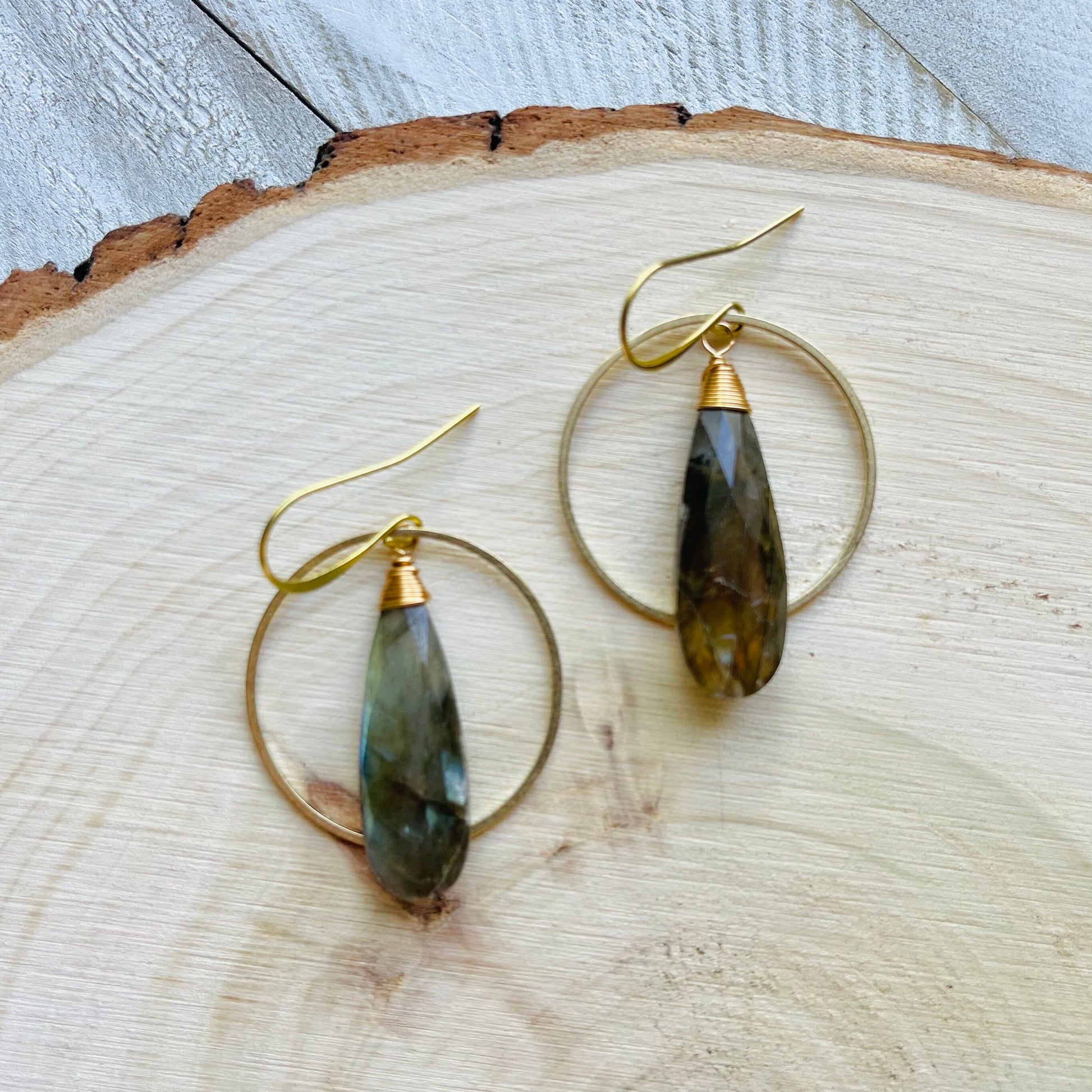 Labradorite Hoop Earrings, Boho Earrings for Wedding, Witchy Jewelry for Women, Birthday Gift for Daughter, Western Earrings Gold